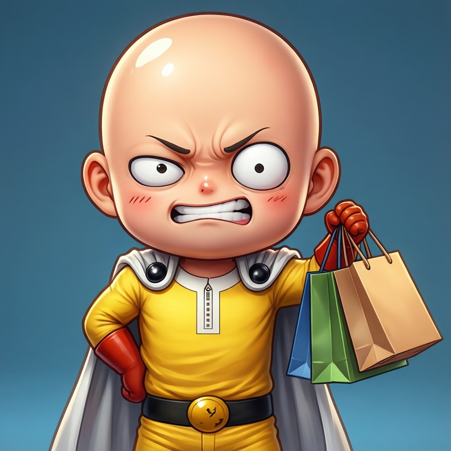 Chibi Saitama Fun 壁紙 — 一個光頭卡通英雄穿著黃色套裝和白色斗篷，拿著色彩繽紛的購物袋，在藍色背景下憤怒地瞪著眼。
