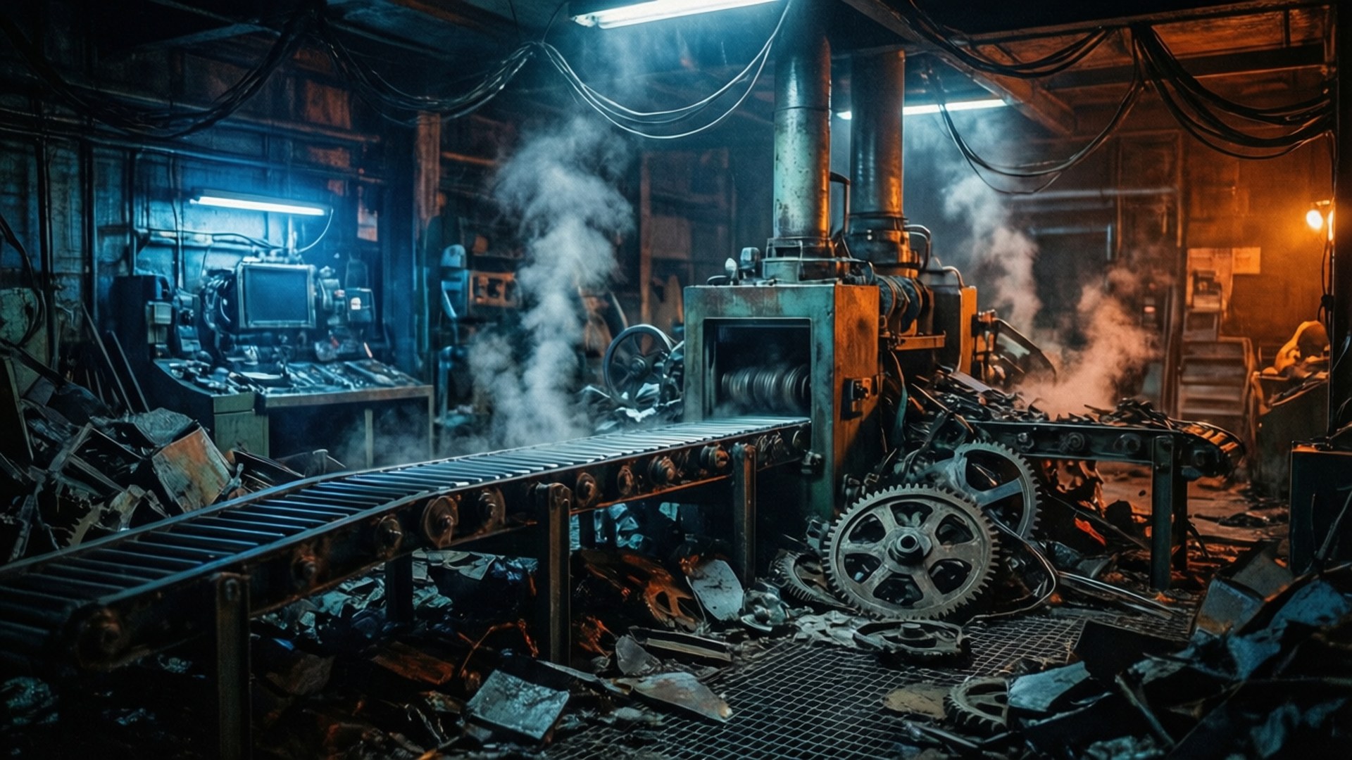 Heisenberg's Workshop 壁紙 — 光線昏暗的廢棄工廠，破損機器在閃爍的螢光燈下冒出蒸氣。