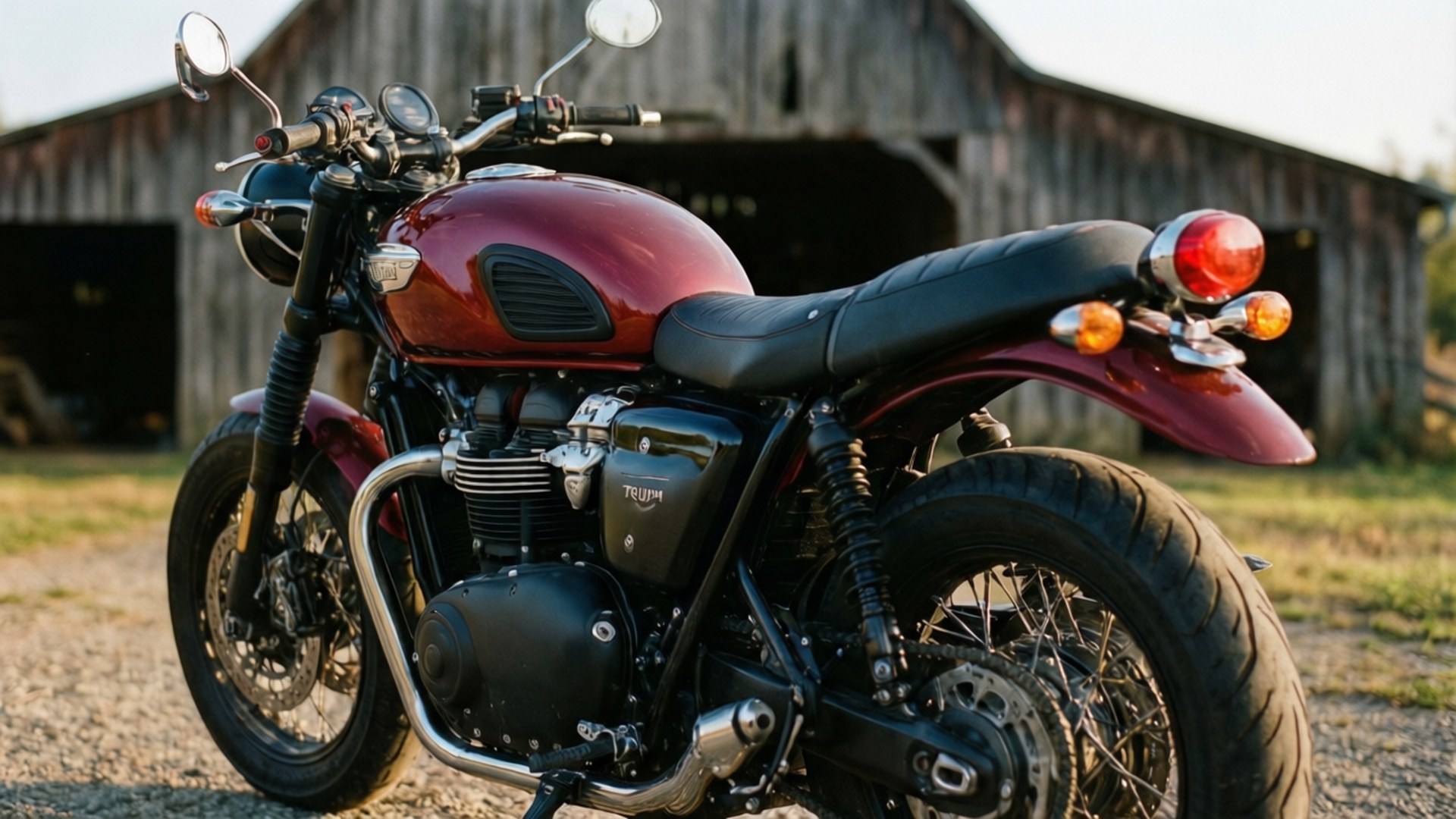 Rustic Bobber Detail 壁紙 — 一輛光澤的栗色Triumph機車停在碎石路上，前面是經過風化的木製穀倉，正值黃金時刻。