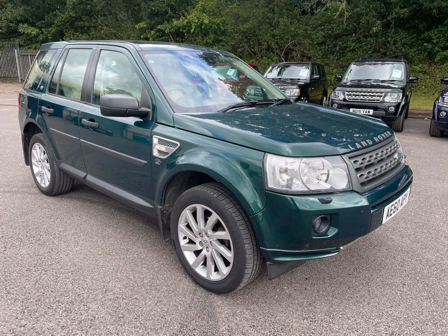 Land Rover Freelander 桌布 壁紙 — 一輛光澤的綠色 Land Rover Freelander SUV 停放在柏油路上，背景有樹木和其他車輛。