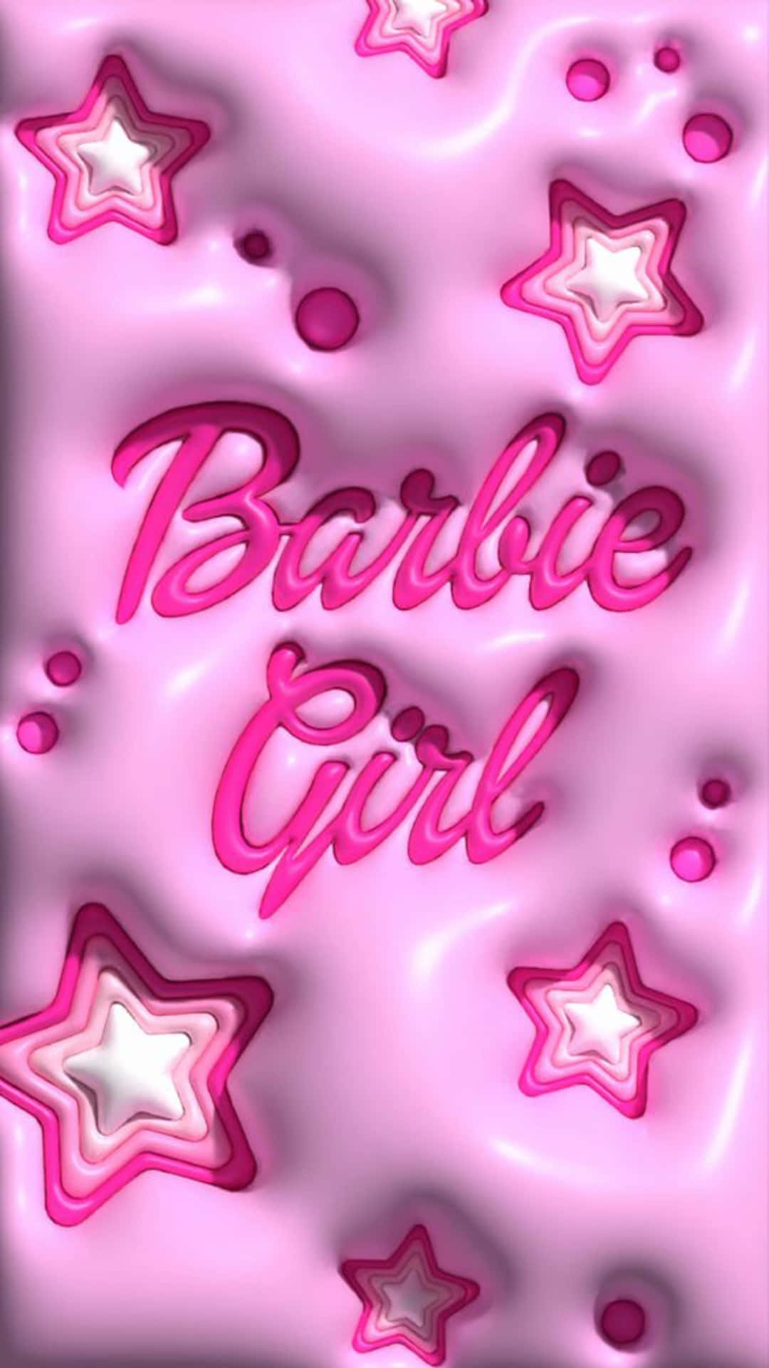  壁紙 — 光澤粉紅液體表面，帶有3D星星和鮮粉紅色的「Barbie Girl」文字。