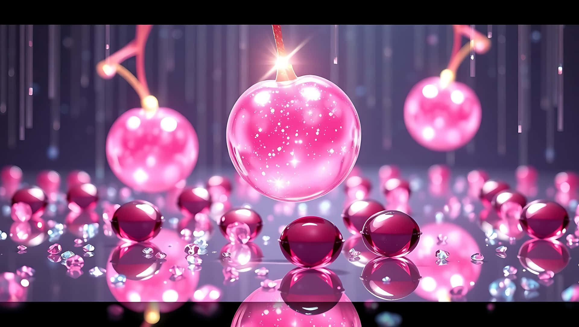 粉紅櫻桃裝飾品在光澤表面上帶有閃光反射 — 3D 壁紙