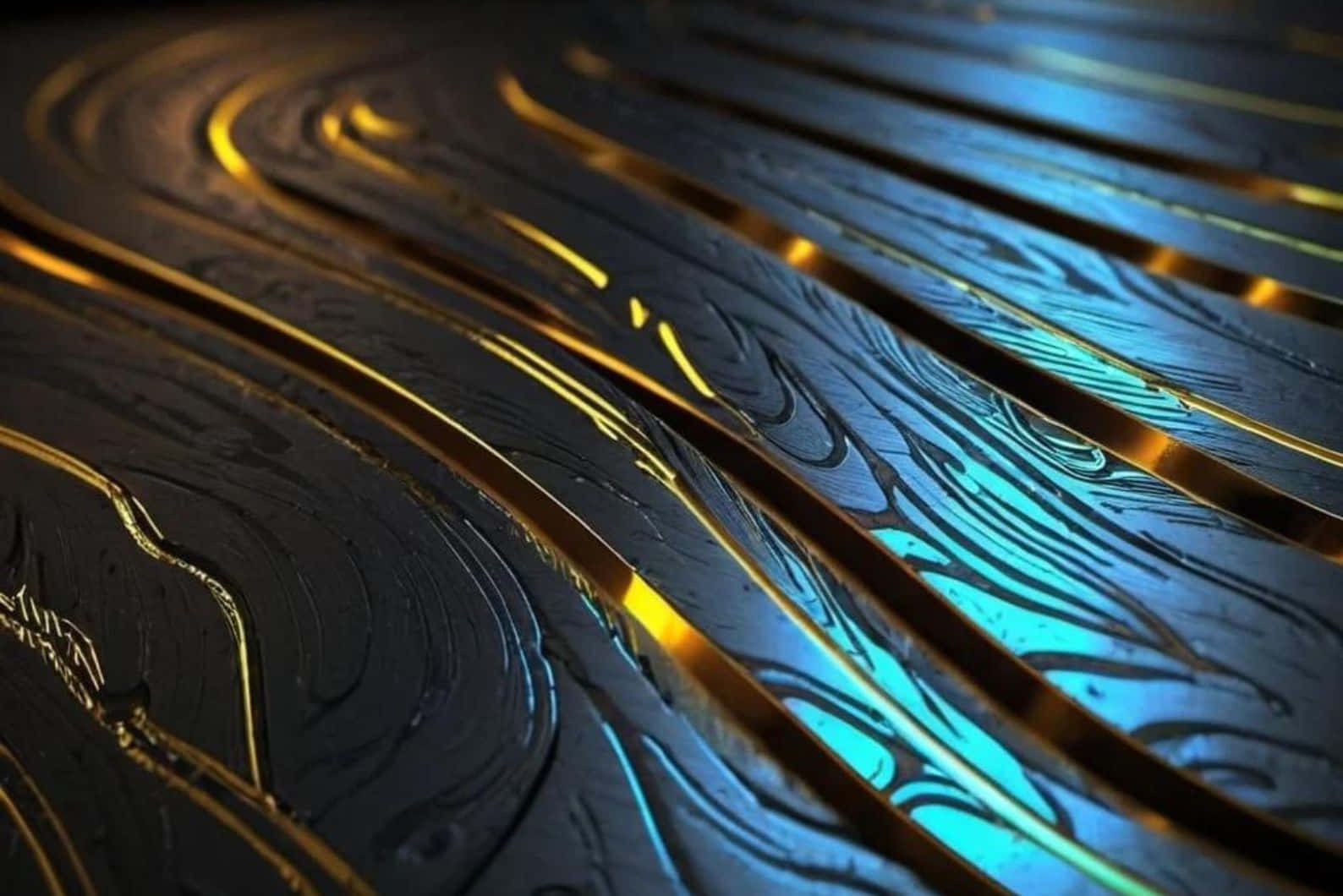  壁紙 — 光澤黑色和金色絲帶在冷藍色和暖黃色燈光下以流暢的動作彎曲。