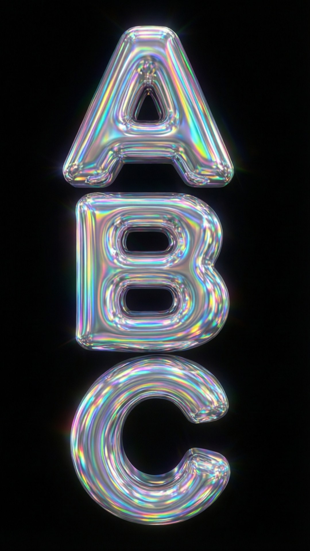 Holographic ABC Shine 壁紙 — 光澤虹彩字母ABC垂直漂浮在黑色背景上，帶有彩虹光折射。