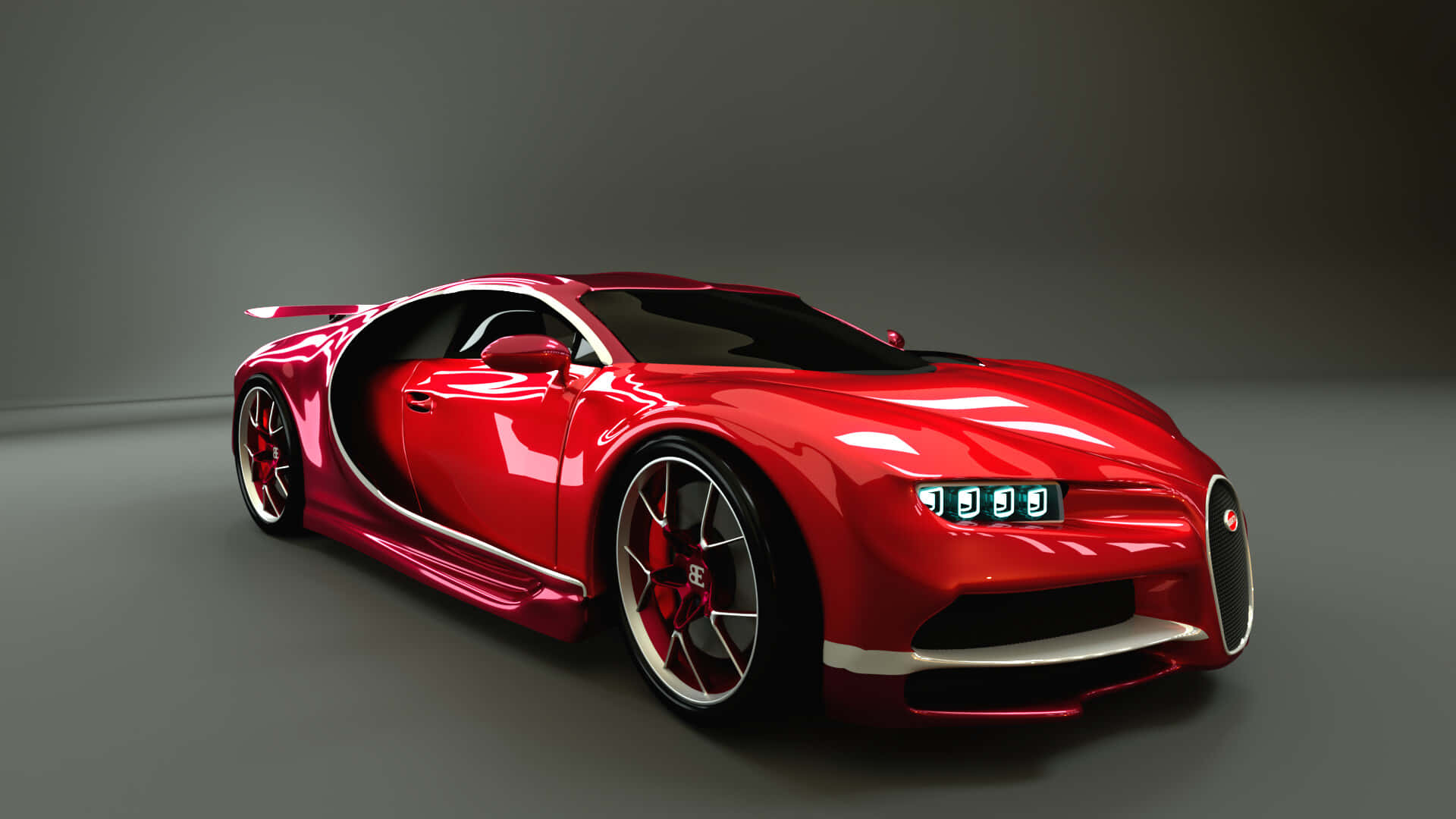 Bugatti Chiron 桌布 壁紙 — 一輛光澤紅色Bugatti超級跑車，採用未來主義設計和發光的數位頭燈，在極簡主義工作室環境中展示。