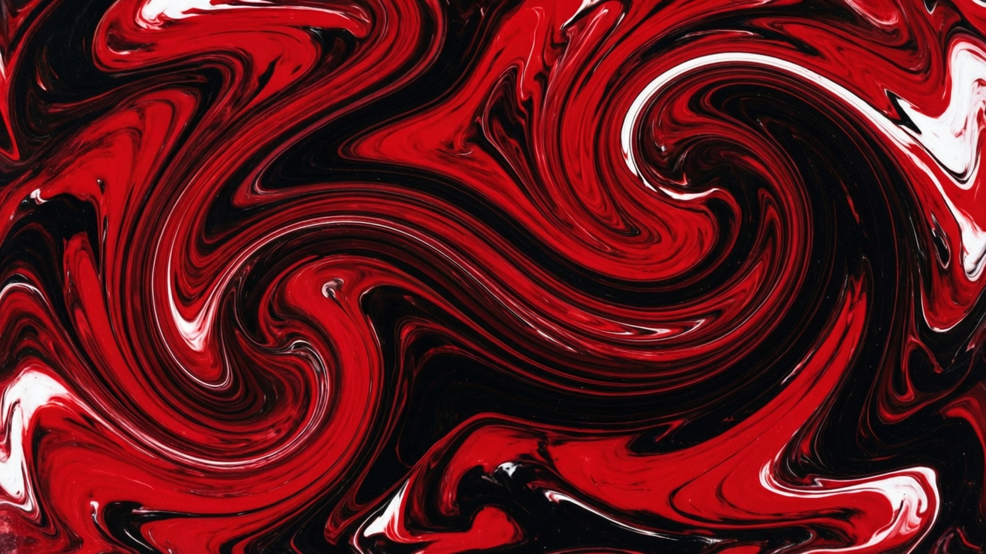 Abstract Swirls 壁紙 — 光澤紅色、黑色和白色液體顏料的鮮豔旋轉圖案創造出動態的抽象構圖。
