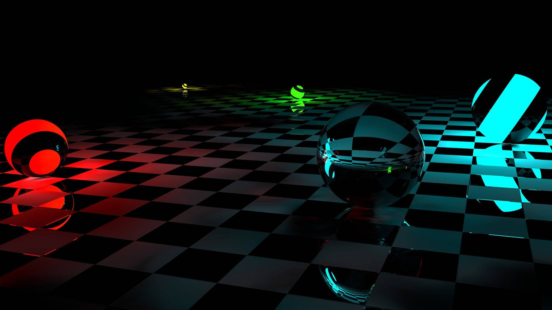 在黑暗的數位環境中，霓虹燈照亮棋盤格地板上的光澤球體。 — 3D 壁紙