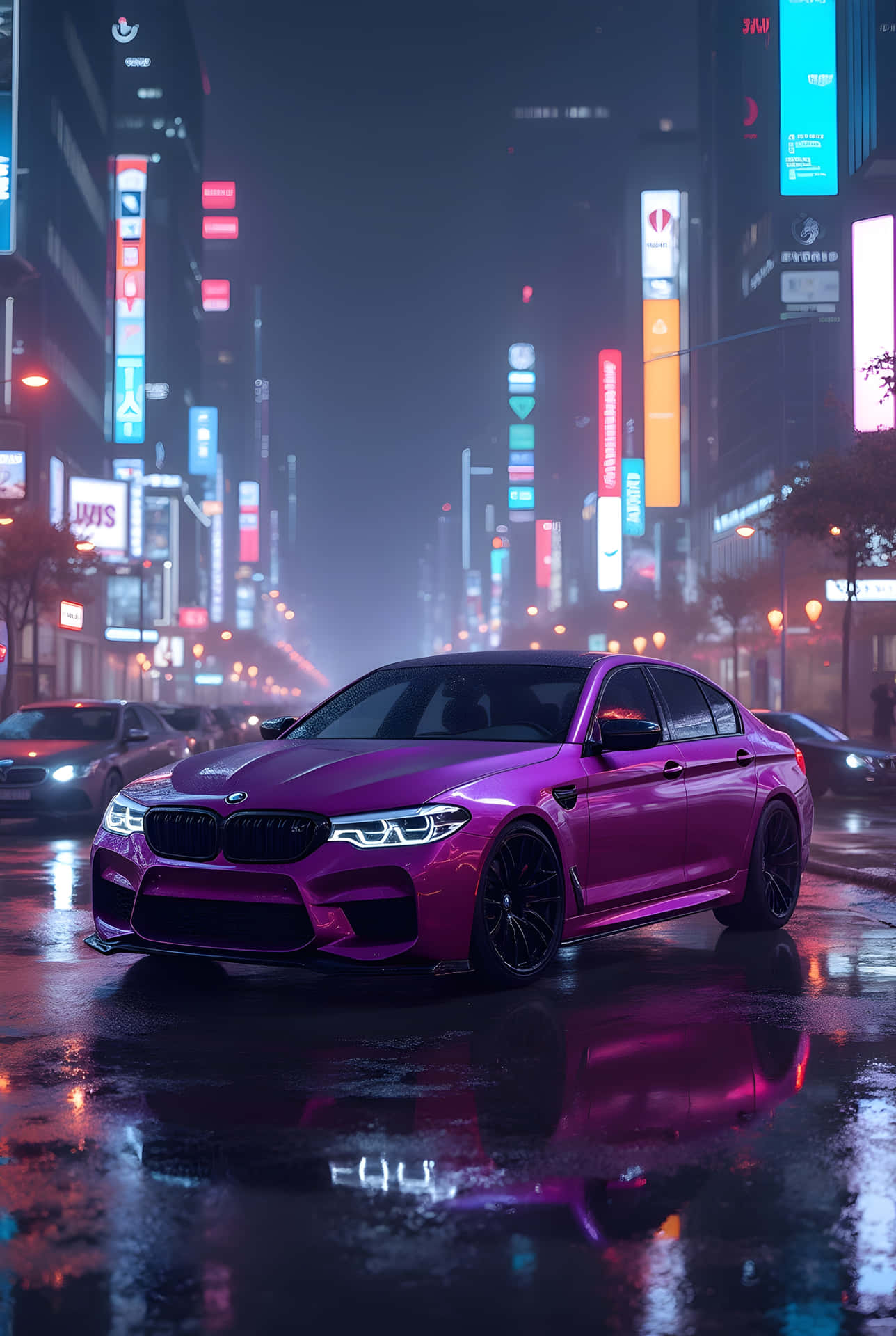 紫色BMW M5轎車在濕潤的城市街道上夜晚帶霓虹反射