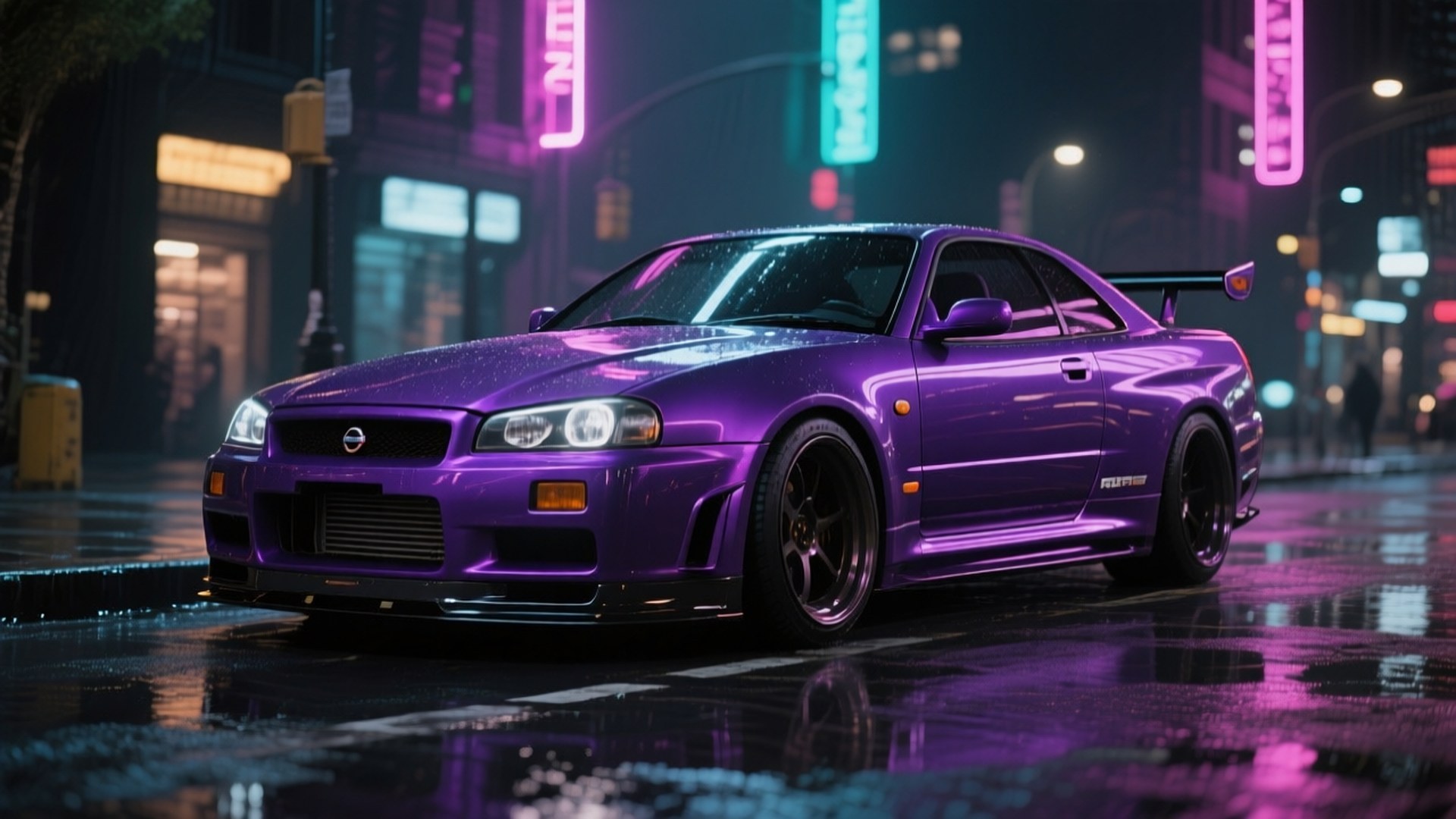 Midnight Purple R33 Neon Glow 壁紙 — 一輛光澤的紫色日產Skyline R34跑車在夜間濕漉漉的城市街道上，在霓虹燈下閃閃發光。