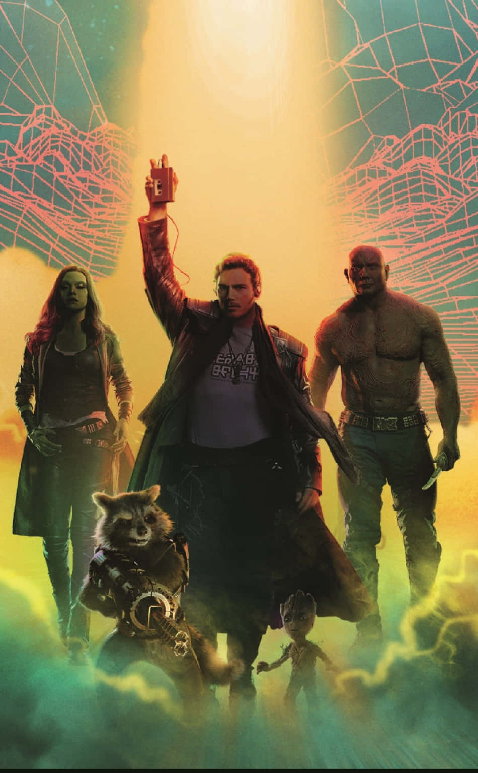 Guardians Of The Galaxy 2 桌布 壁紙 — Guardians of the Galaxy 英雄地站在發光的宇宙背景下，帶有霓虹線框結構。
