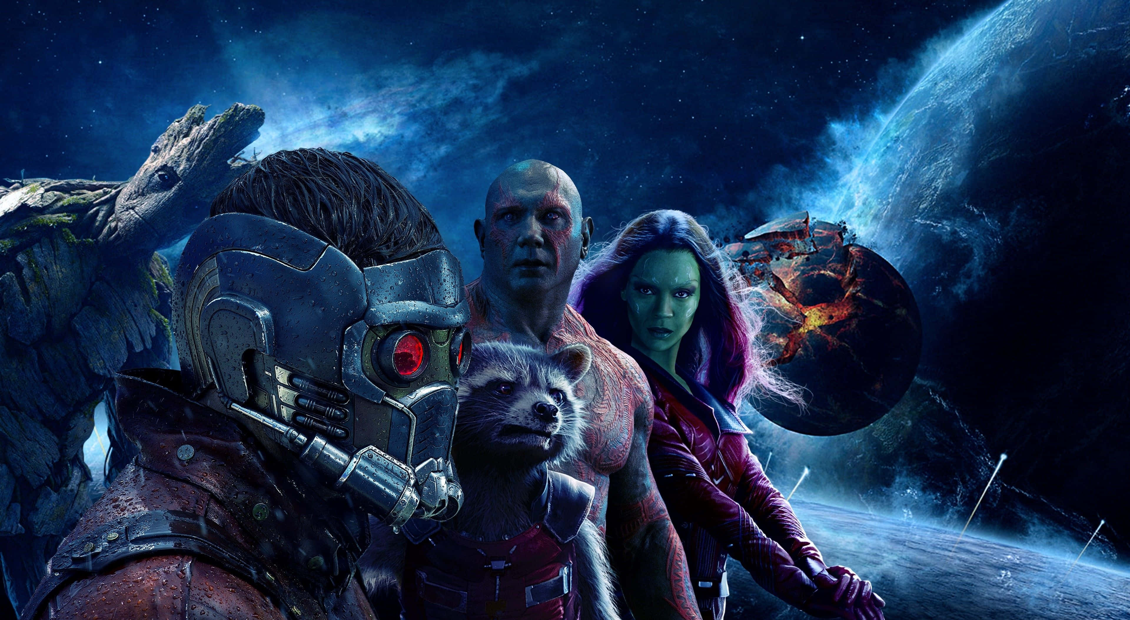 4K Marvel 壁紙 桌布 壁紙 — Guardians of the Galaxy 在深藍色和紫色閃爍的行星和星星的宇宙背景下英勇地站立。