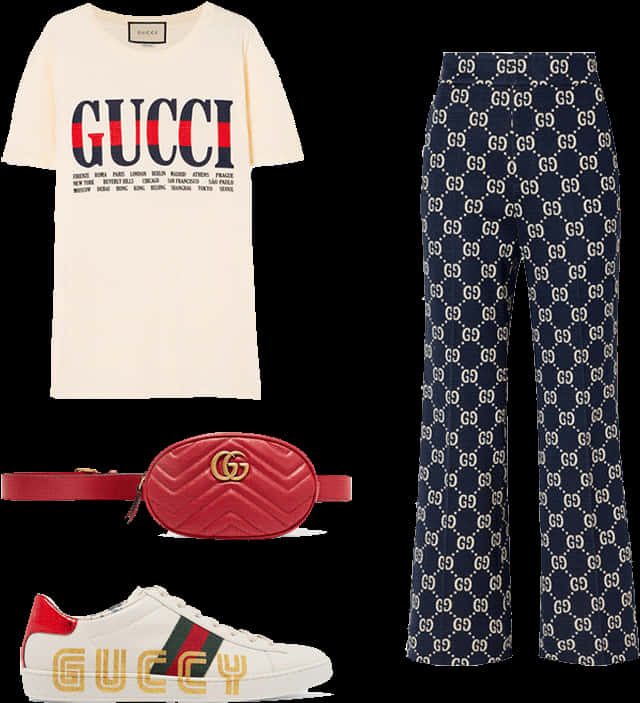 Clothes 桌布 壁紙 — Gucci 服裝，包括一件帶有醒目標誌印花的奶油色 T 恤，搭配海軍藍 GG 圖案長褲、紅色腰帶和帶有金色品牌標誌的白色運動鞋。