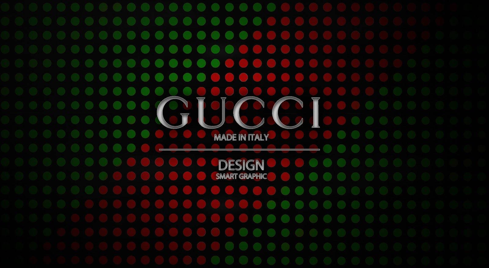 Gucci 桌布 壁紙 — Gucci 標誌以銀色文字居中顯示在黑色背景上，帶有紅色和綠色圓點圖案。