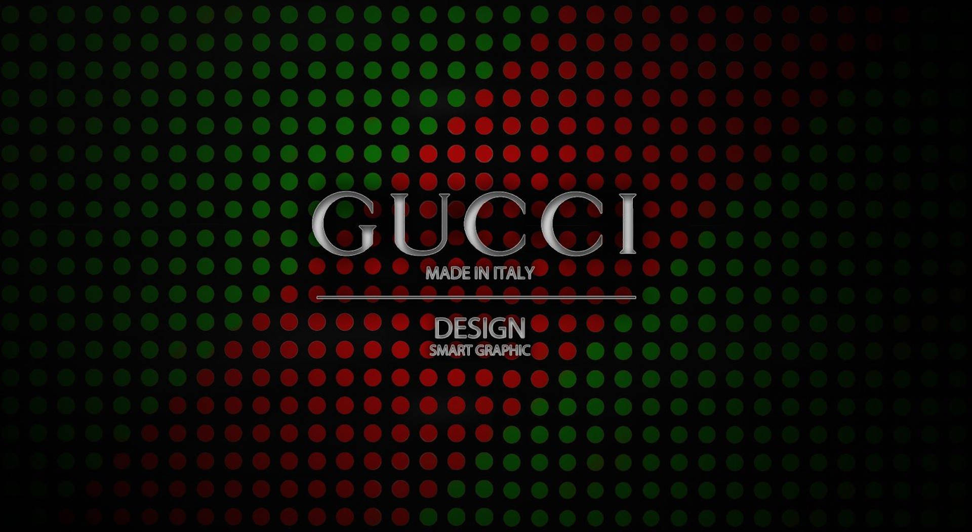 Gucci 標誌在黑色背景上帶有紅色和綠色圓點。