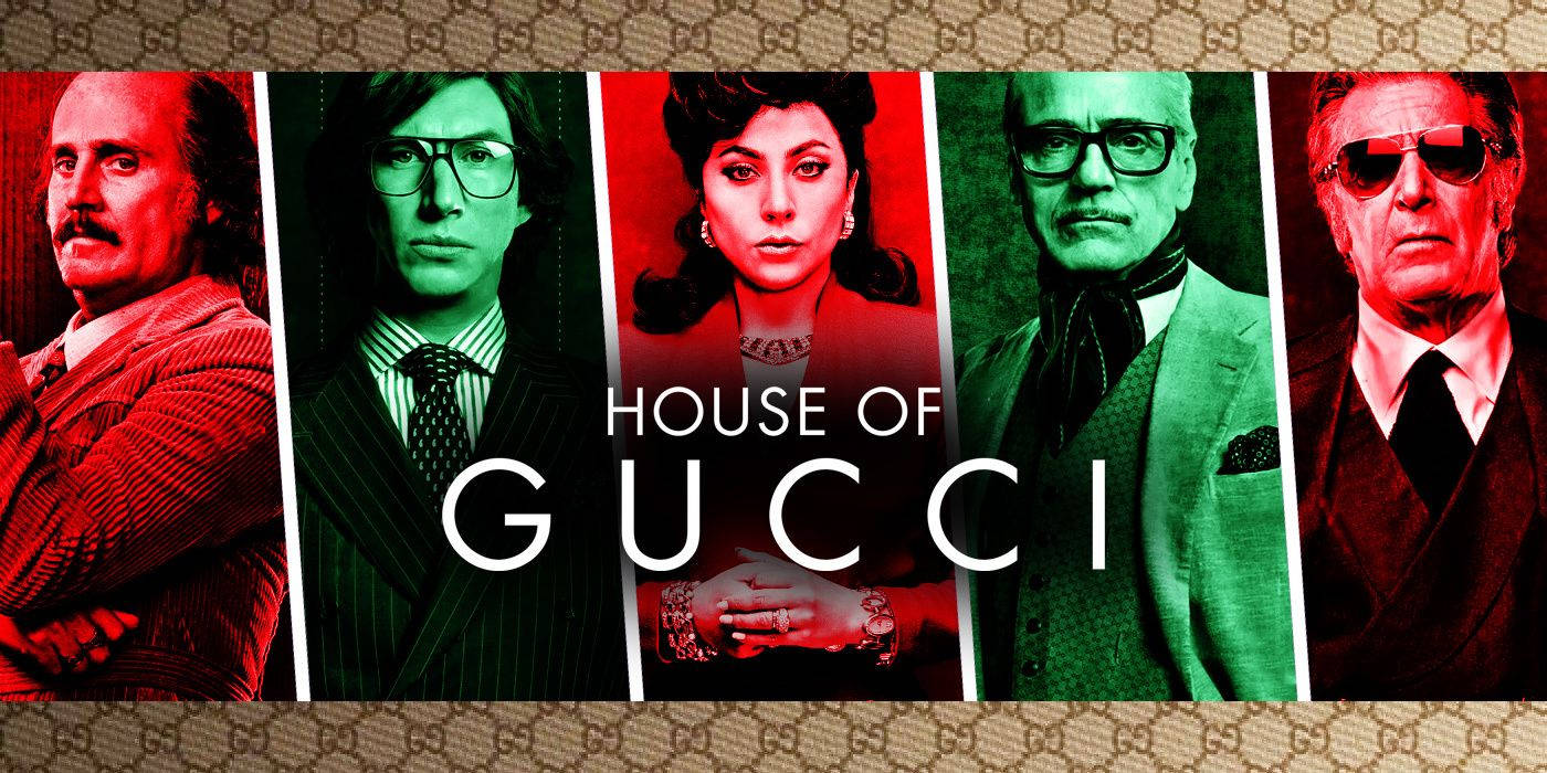 《GUCCI：豪門謀殺案》電影海報，以紅綠色調呈現五個角色。 — Gucci 之家 壁紙