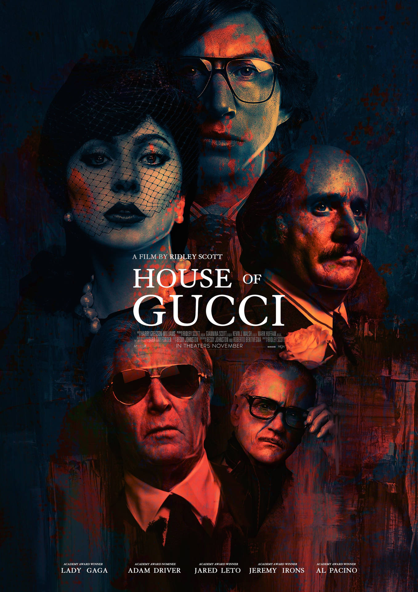 《GUCCI：豪門謀殺案》電影海報，五名演員在戲劇性燈光下。 — Gucci 之家 壁紙