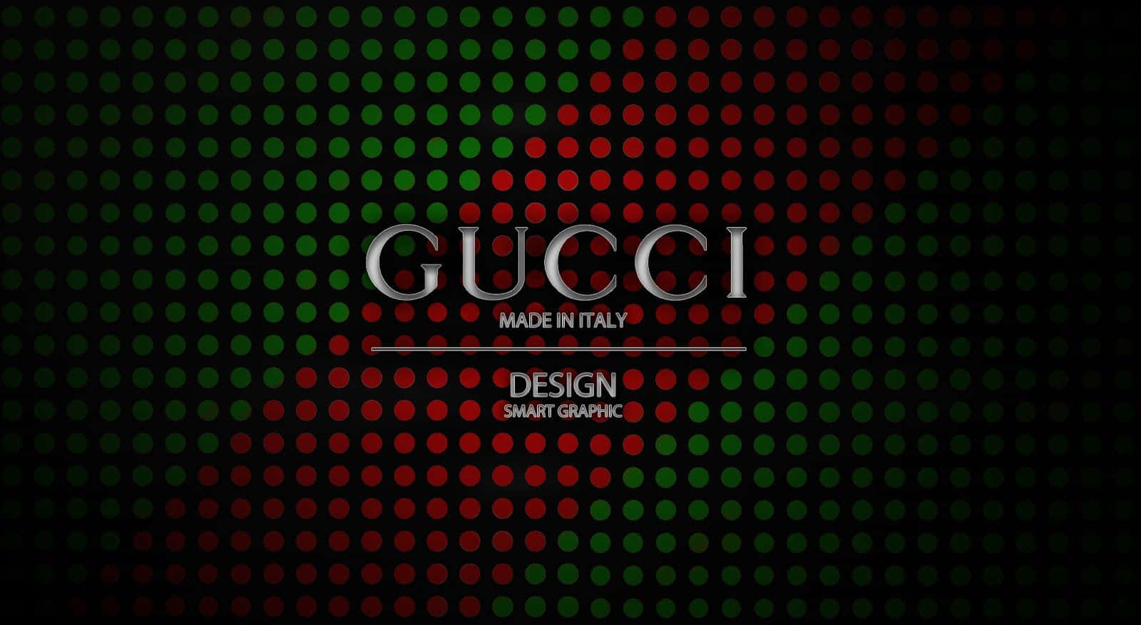 Gucci 桌布 壁紙 — Gucci標誌以銀色文字居中於黑色背景上，帶有紅色和綠色圓點圖案。