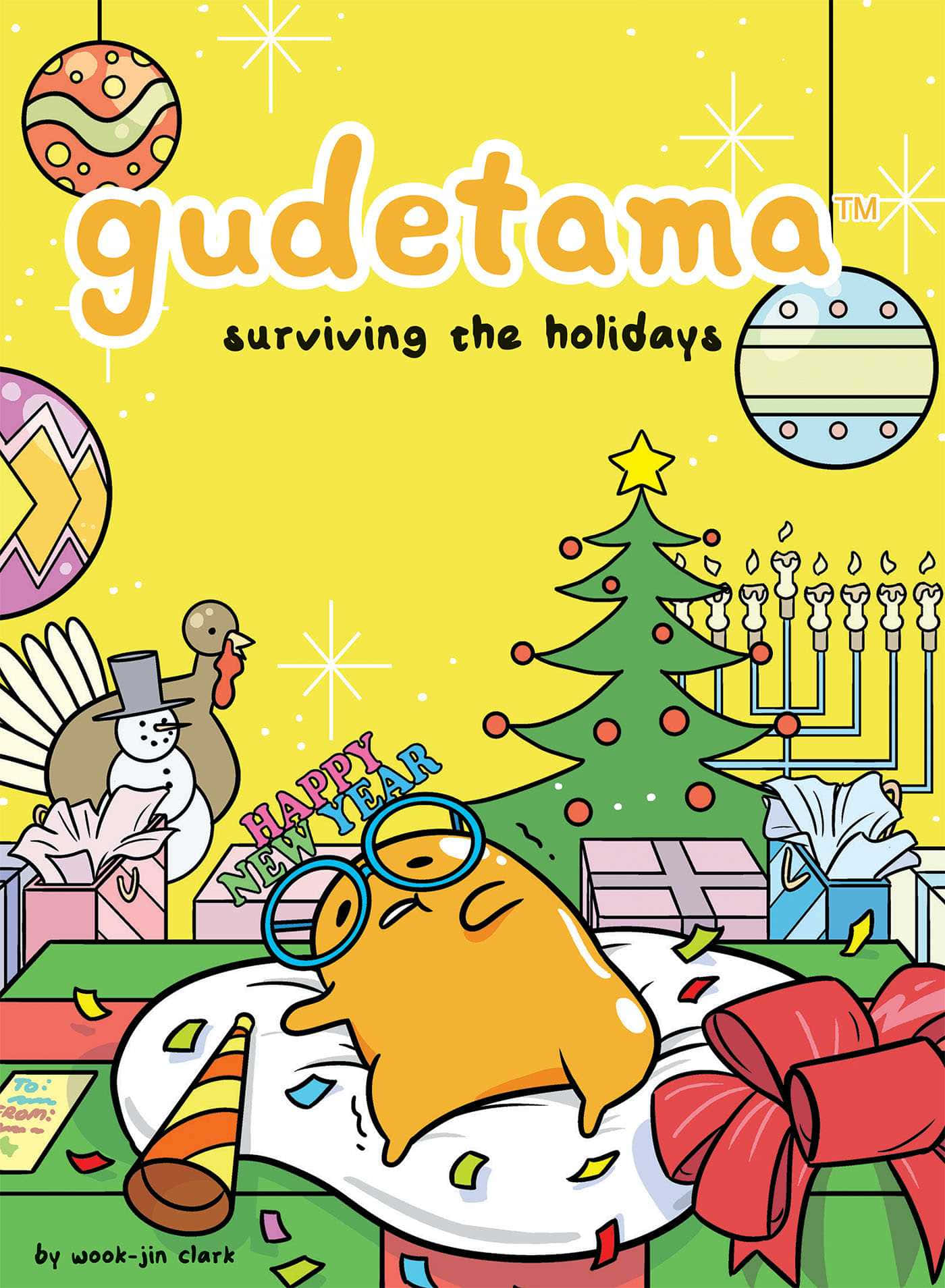 懶惰的雞蛋角色 Gudetama 在聖誕樹、 menorah 和禮物等節日裝飾中休息。 — 蛋黃哥 壁紙