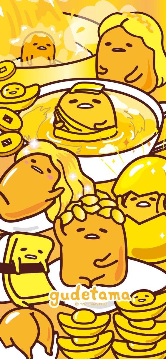 Gudetama 角色在金黃色的浴缸中放鬆，伴隨著金幣和泡泡。