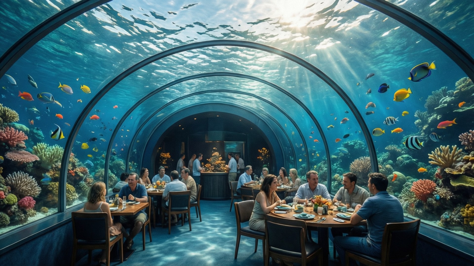 Underwater Restaurant 壁紙 — 客人在彎曲玻璃隧道內的餐桌用餐，周圍是 vibrant 的珊瑚礁和游泳的熱帶魚，在明亮的藍色海水下。