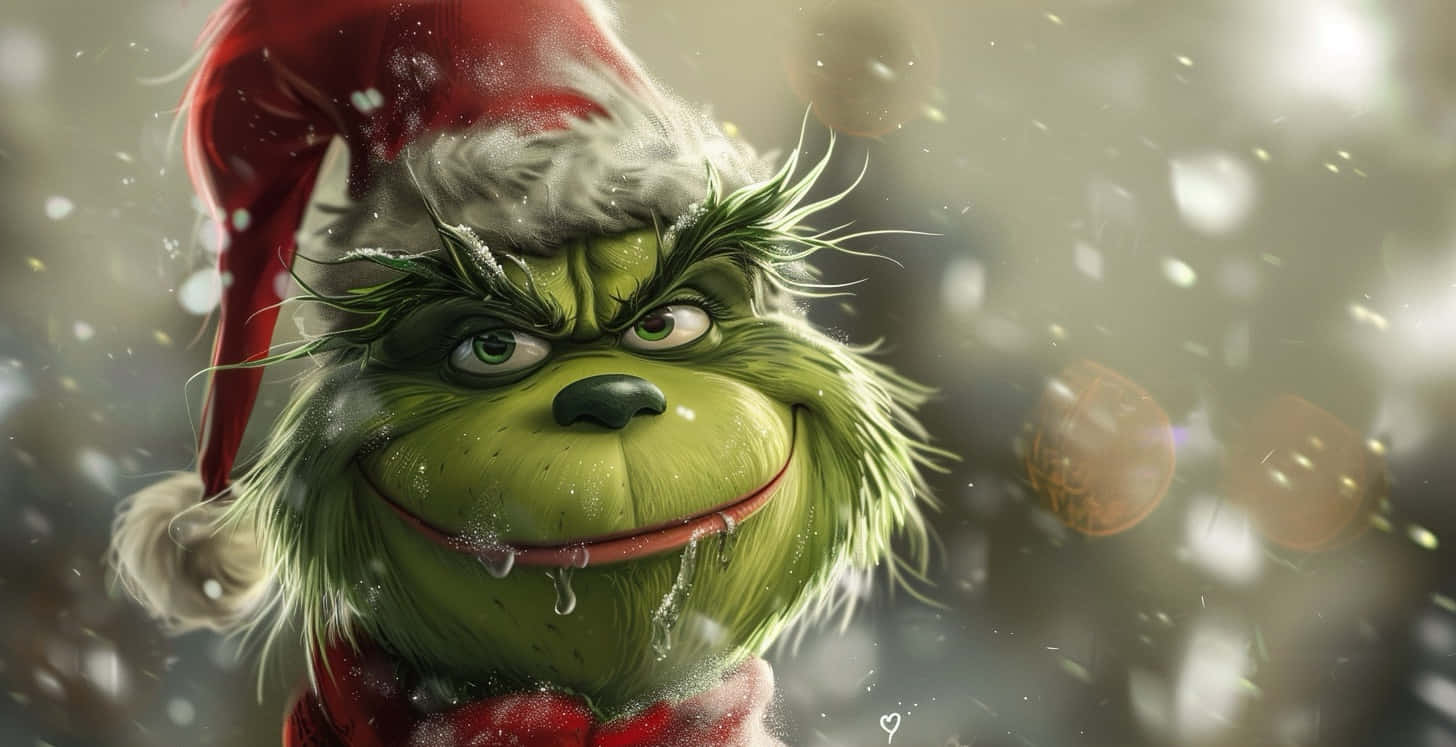  壁紙 — 鬼靈精戴著紅色聖誕帽，在雪花飄落的節日冬季場景中頑皮地微笑。
