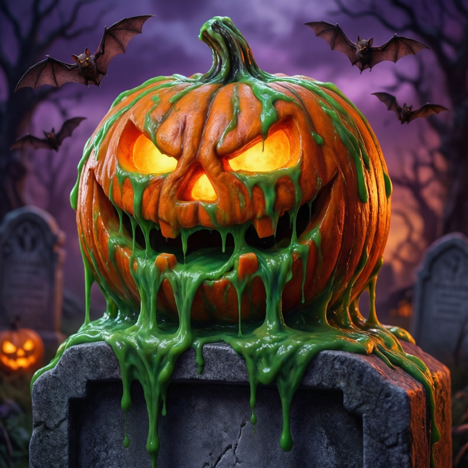 Halloween Slime 桌布 壁紙 — 一個詭異發光的南瓜，其雕刻的臉上滴著綠色黏液，坐在鬧鬼墓地的墓碑上。