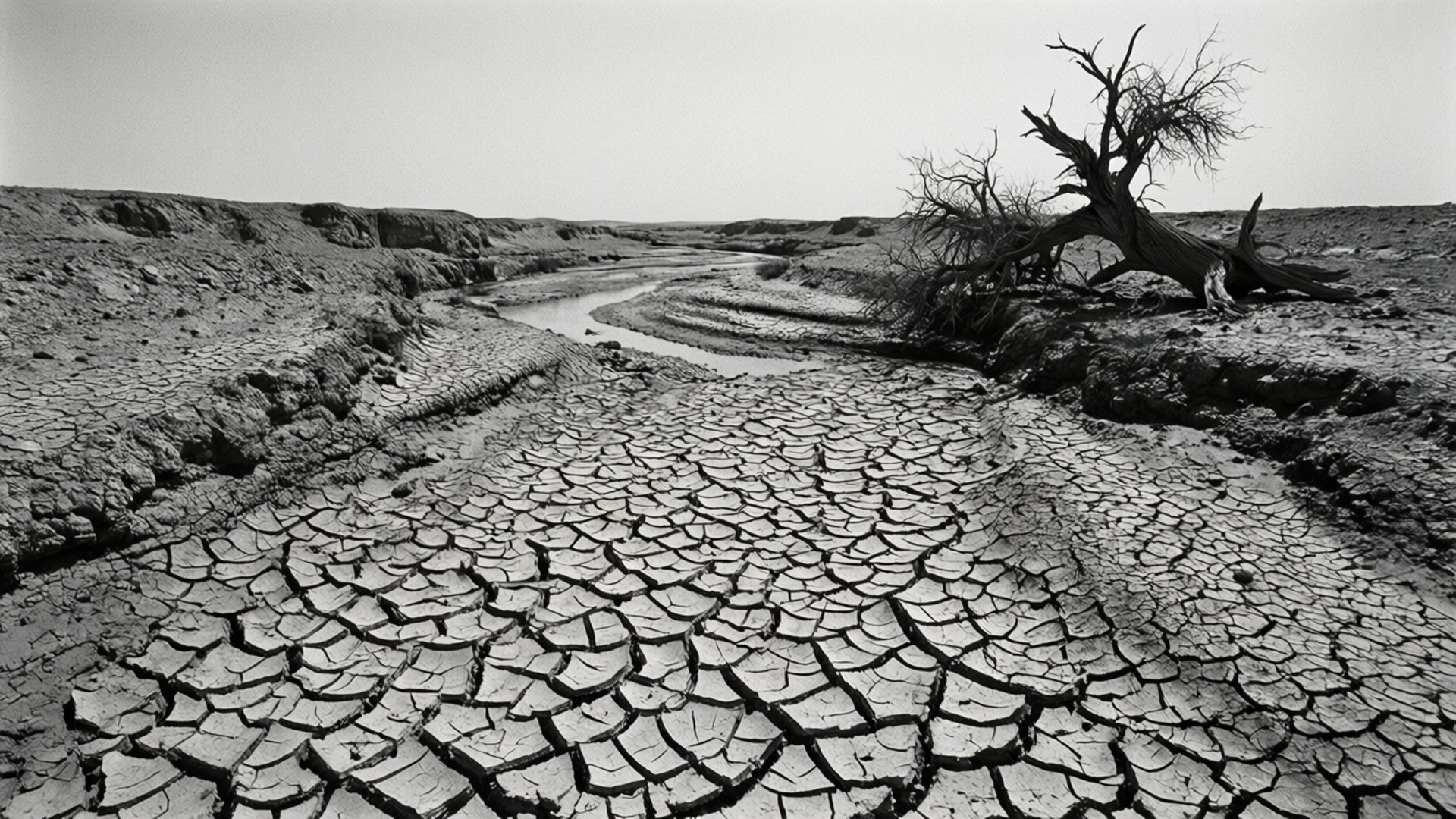 Desert Dried Riverbed 壁紙 — 一幅鮮明的黑白風景，顯示龜裂的泥土河床，有一棵枯樹傾斜在淺水上。