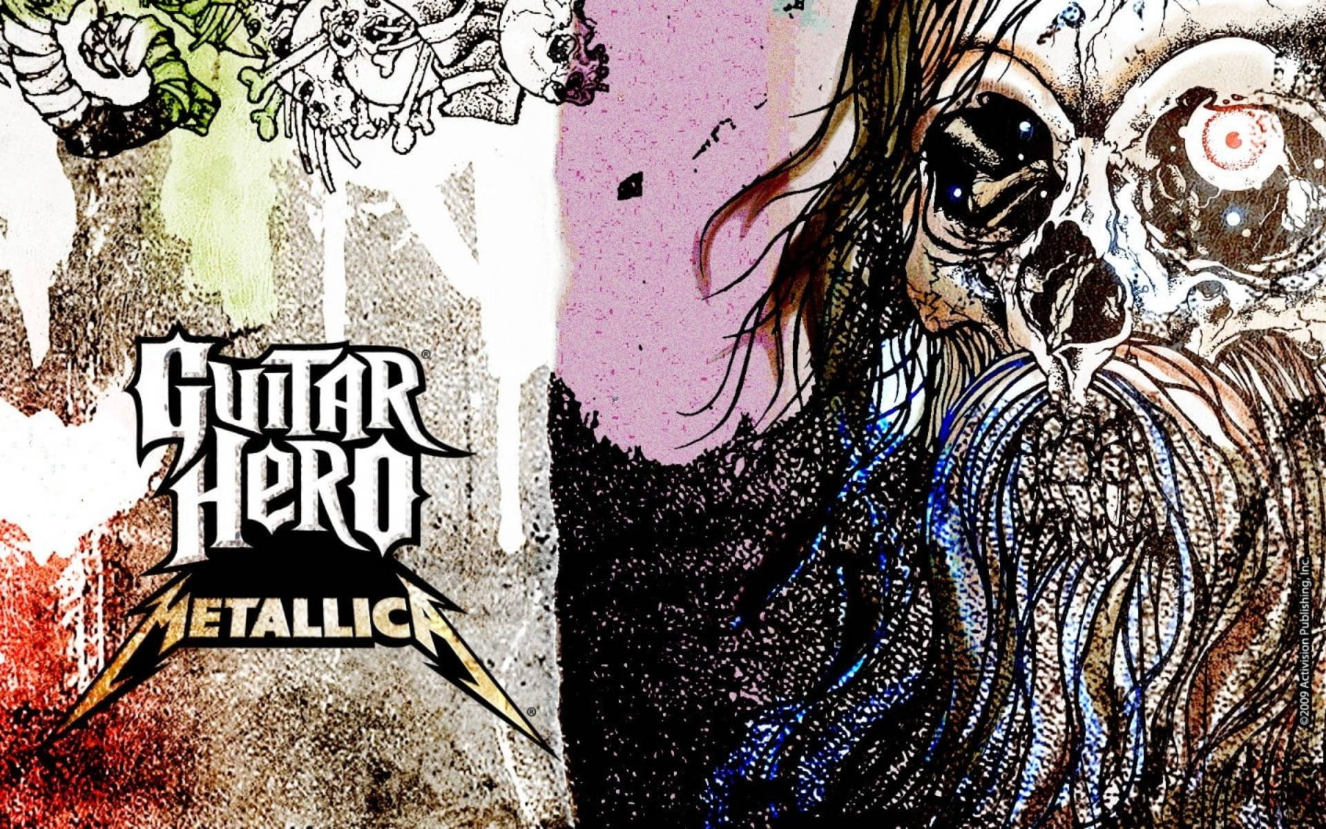 Guitar Hero Metallica 遊戲標誌，帶有風格化的頭骨和塗鴉背景。 — 吉他英雄 壁紙