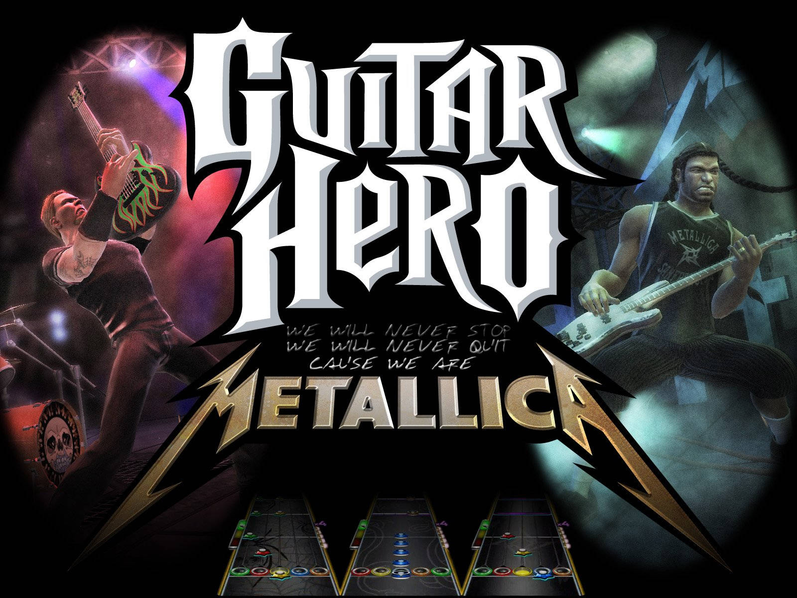 Guitar Hero Metallica 遊戲封面，兩位吉他手在舞台上表演。 — 吉他英雄 壁紙