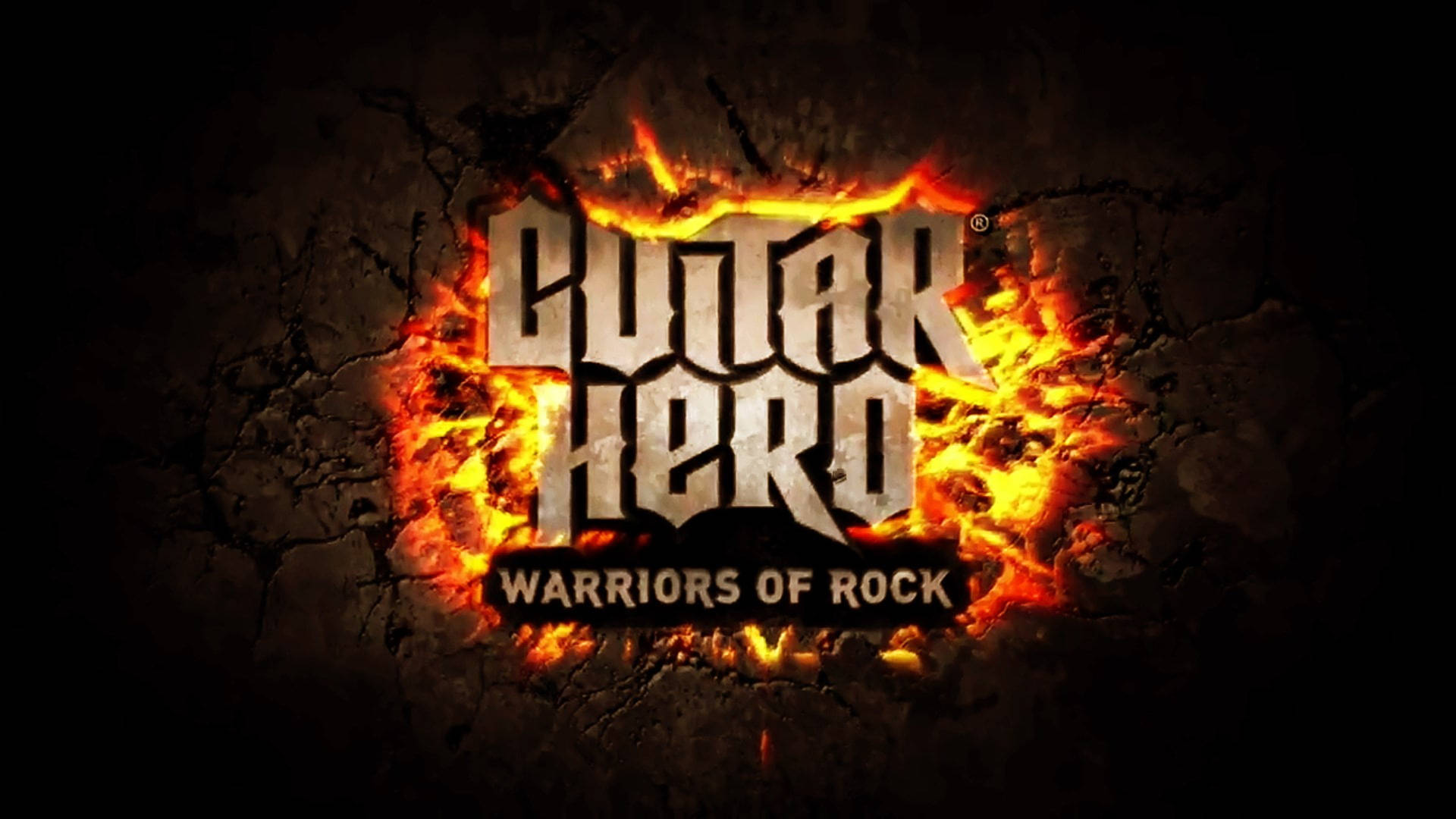 Guitar Hero Warriors of Rock 標誌在破裂的石頭背景上被火焰包圍。 — 吉他英雄 壁紙