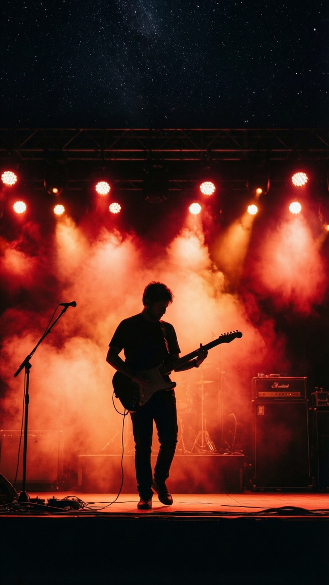Nova Rock Festival 桌布 壁紙 — 一位吉他手的剪影在紅色舞台燈光和煙霧下，在繁星點點的夜空前表演。