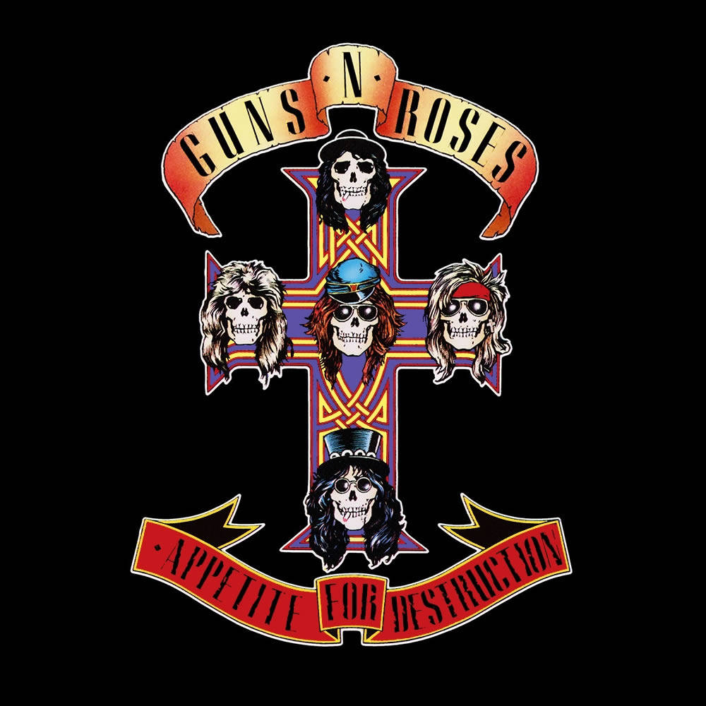 骷髏頭動圖 桌布 壁紙 — Guns N' Roses 樂團標誌，十字架上五個骷髏頭，紅色橫幅上寫著「GUNS N ROSES」和「APPETITE FOR DESTRUCTION」。