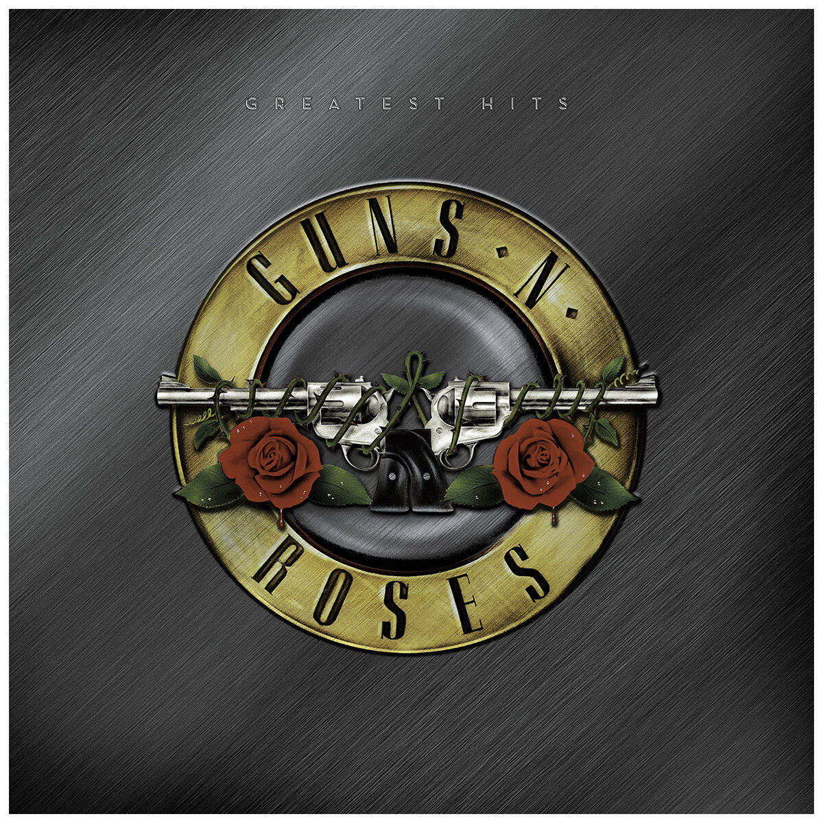 標誌 桌布 壁紙 — Guns N Roses 標誌，帶有交叉的左輪手槍和紅玫瑰，背景為拉絲金屬。