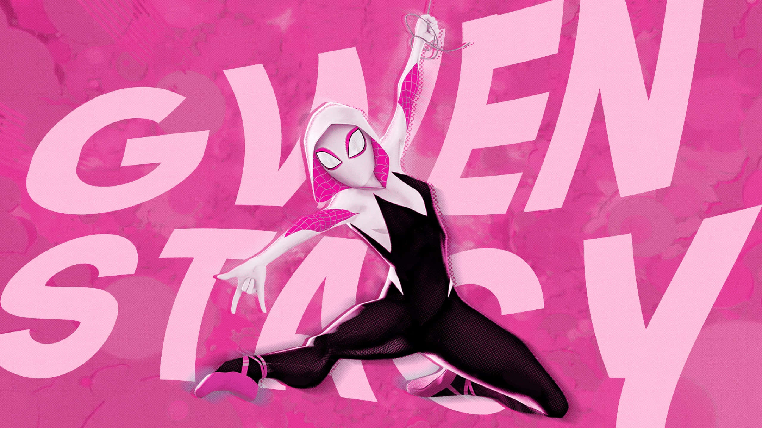 蜘蛛關 桌布 壁紙 — Gwen Stacy 身穿粉紅色和黑色的蜘蛛服，在充滿活力的粉紅色背景前擺出動態姿勢，她的名字以粗體字母呈現。