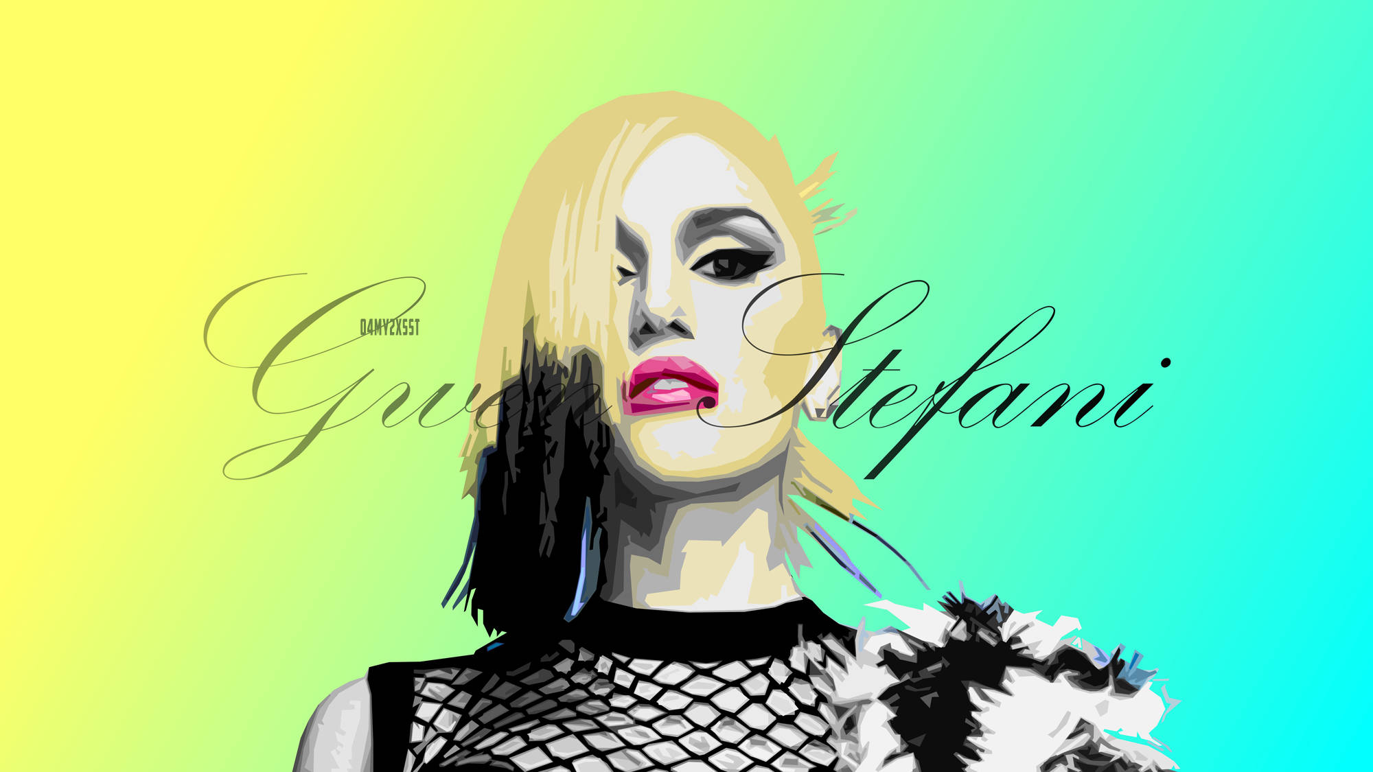 Stefani 桌布 壁紙 — Gwen Stefani 的風格化肖像，帶有鮮豔的妝容和漁網上衣，背景是從黃色到藍綠色的漸變。