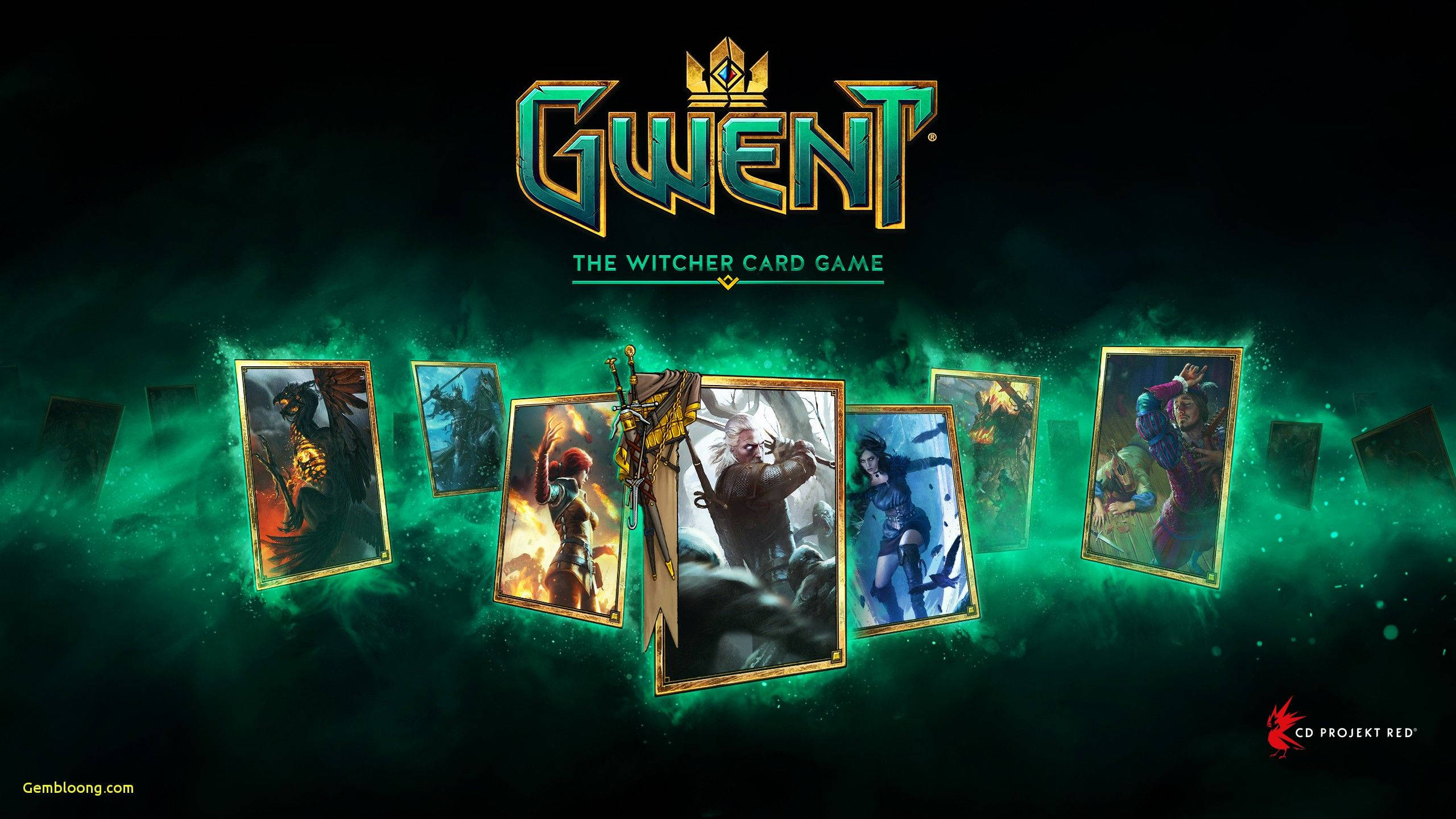 Xbox 桌布 壁紙 — Gwent 卡牌遊戲標誌，發光的綠色卡牌，帶有奇幻角色漂浮在黑暗神秘氛圍中。