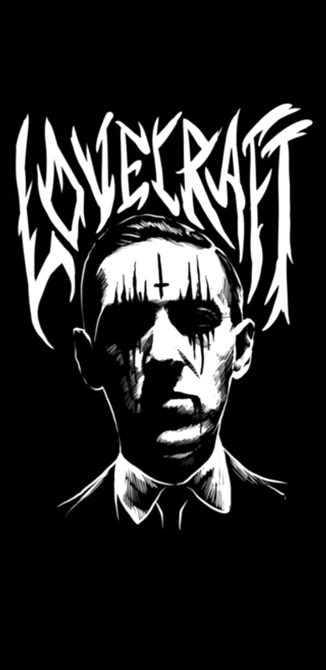 洛夫克拉夫特 桌布 壁紙 — H.P. Lovecraft 的鮮明黑白插圖，帶有滴落的血液和頭頂上的哥德式文字。