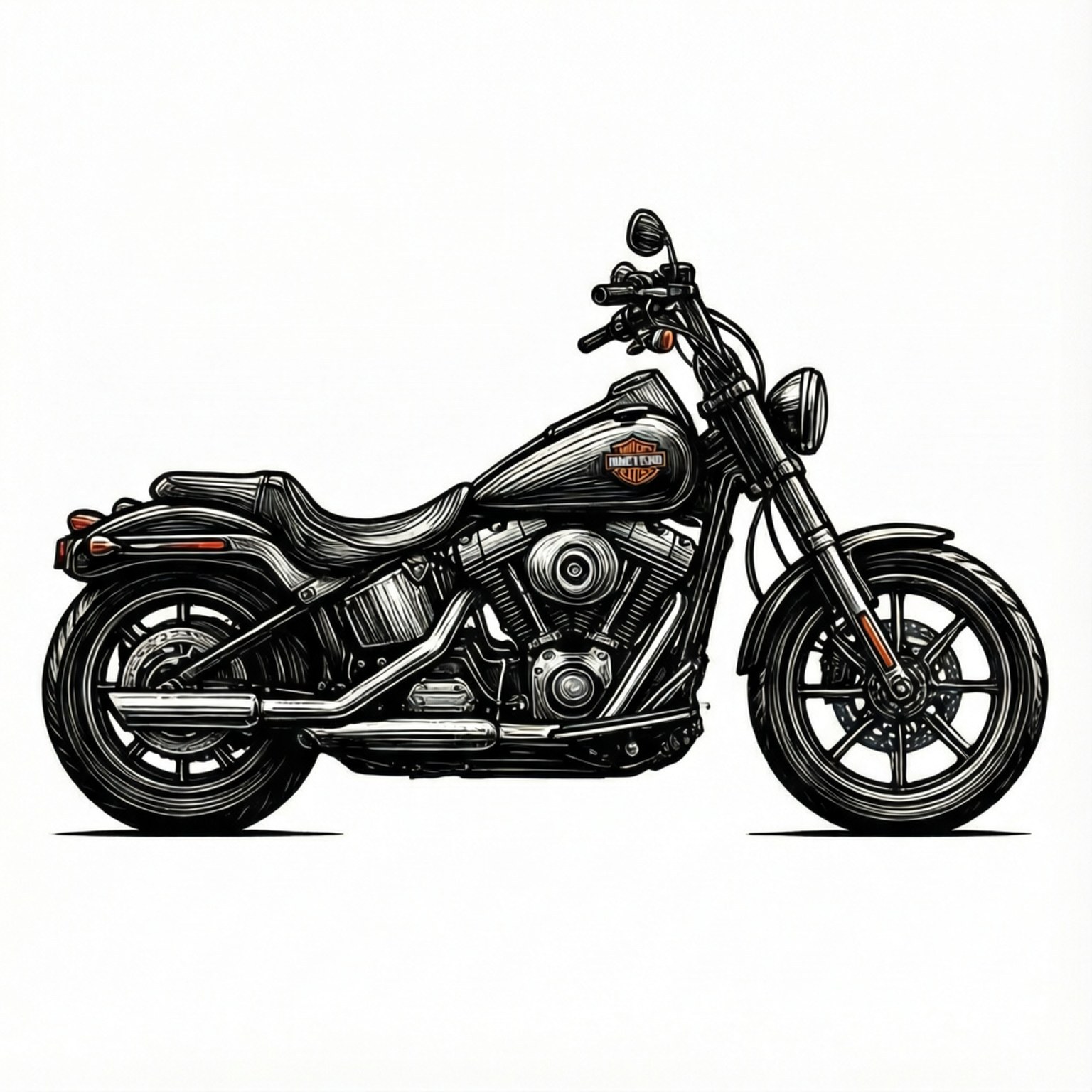 Silhouette Line Art 壁紙 — 哈雷戴維森摩托車的詳細黑白插圖，帶有鍍鉻裝飾和經典巡航車設計。