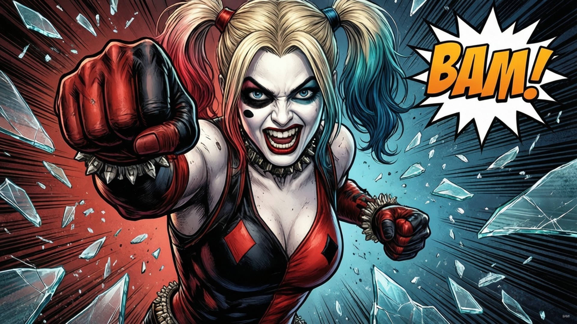 Comic Cover Harley 壁紙 — 哈莉·奎茵向前猛擊，打碎玻璃，帶有鮮明的漫畫風格和「BAM！」音效。