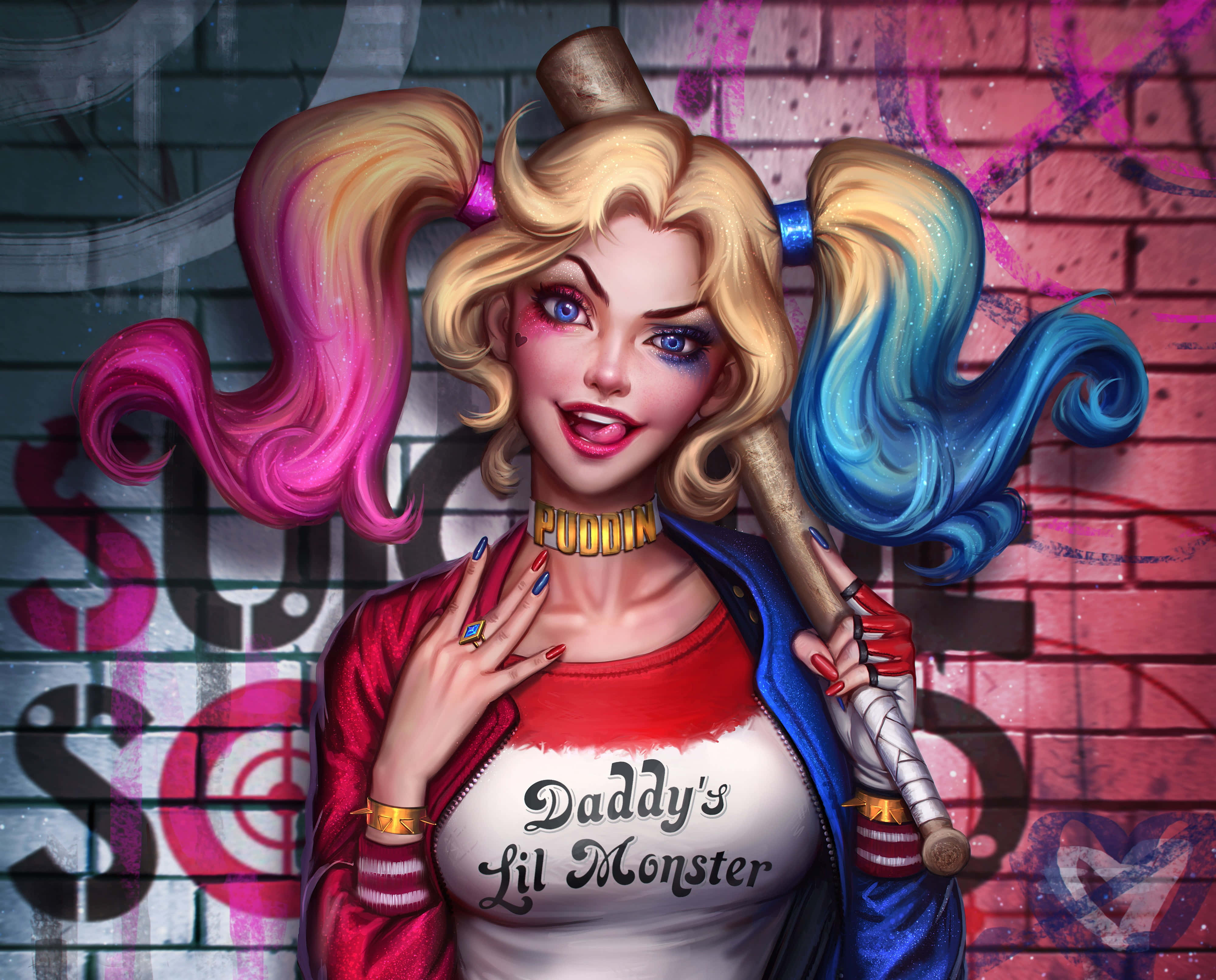 Harley Quinn Baseball Bat 桌布 壁紙 — 哈莉·奎茵綁著粉紅色和藍色的雙馬尾，微笑著手持棒球棍，背景是塗鴉磚牆。