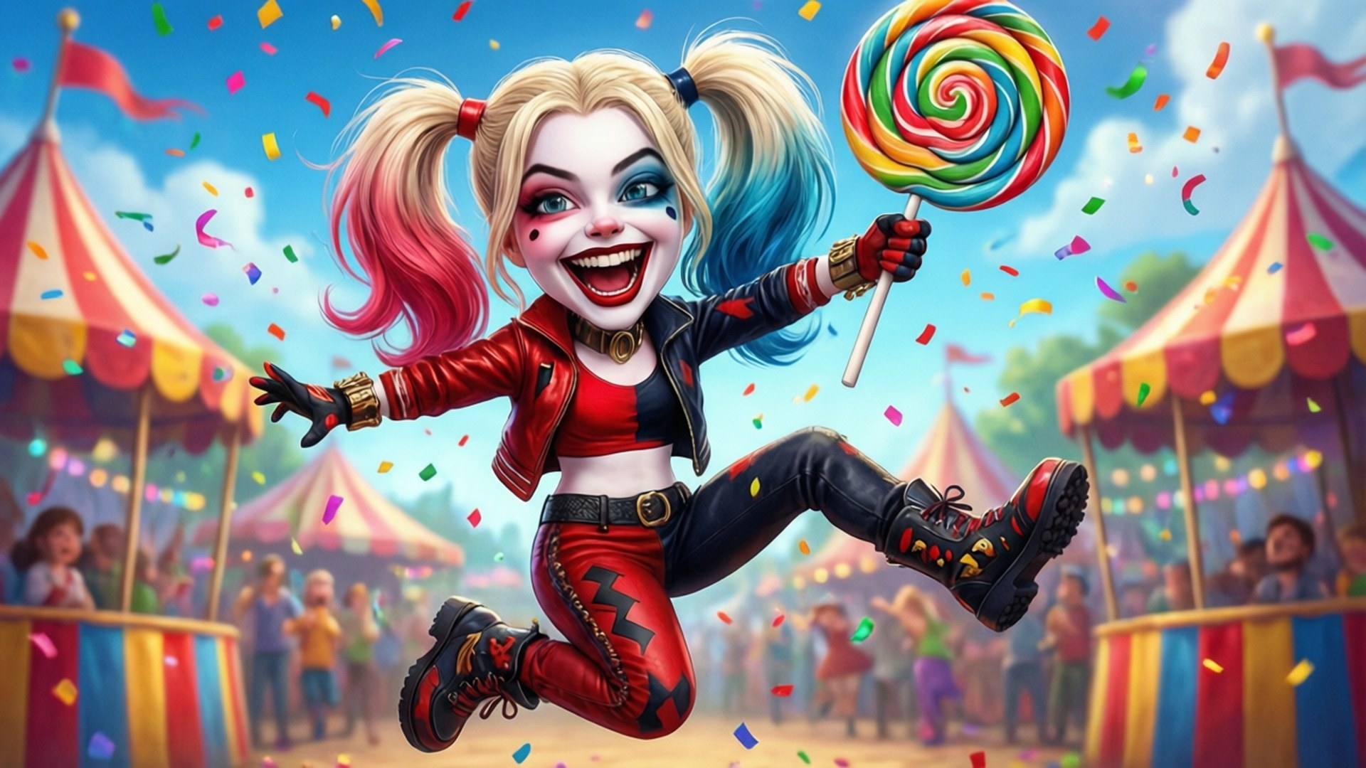Joyful Harley Quinn 壁紙 — 哈莉·奎茵在嘉年華中快樂地跳躍，手持巨大的彩虹棒棒糖，五彩紙屑如雨般落下。
