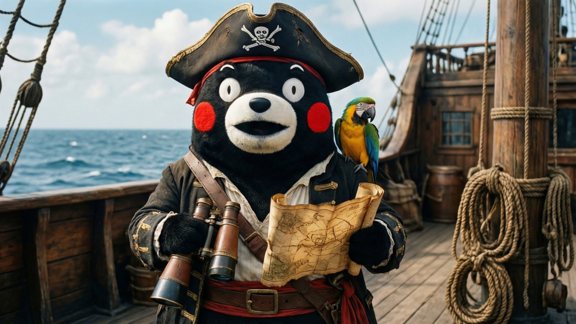 Kumamon Pirate Adventure 壁紙 — 一隻黑色熊吉祥物穿著海盜裝備，在木製船甲板上拿著藏寶圖和望遠鏡，肩上站著一隻色彩繽紛的鸚鵡。