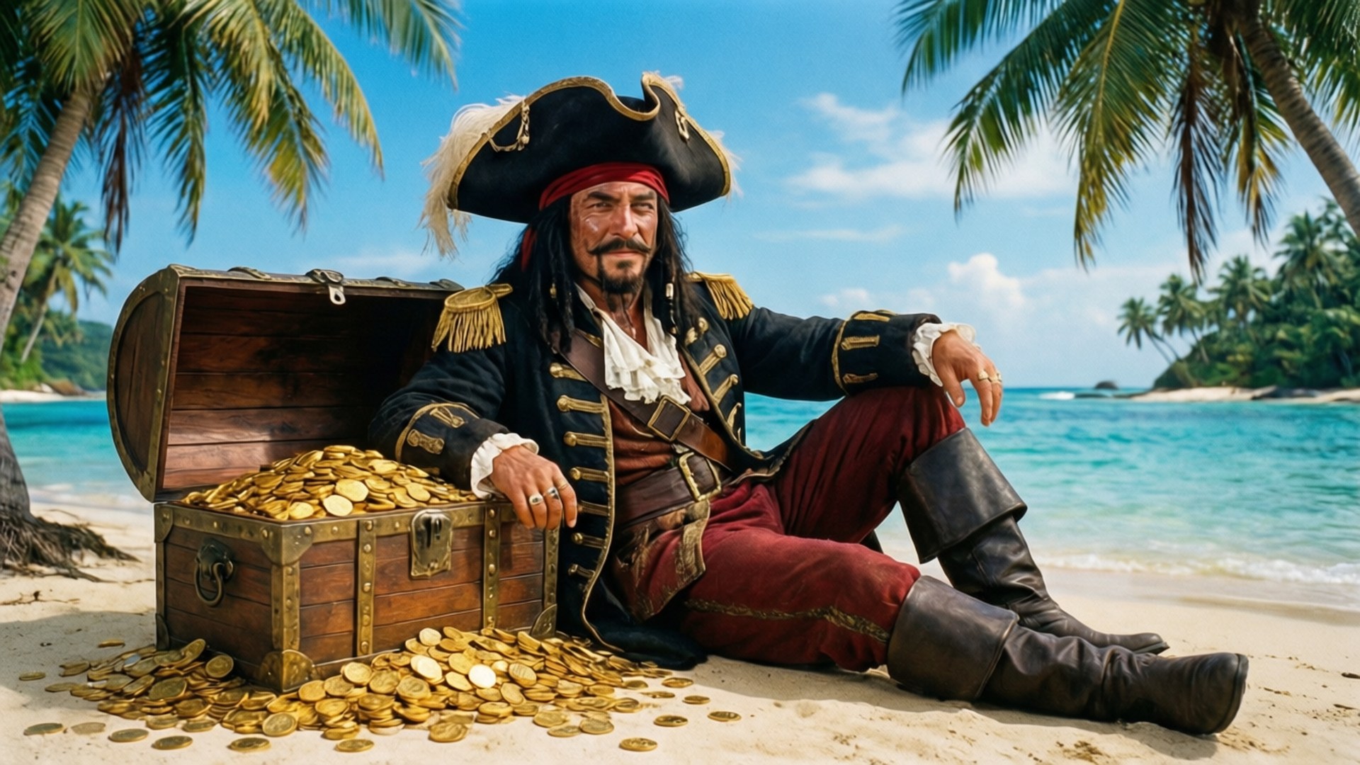 Island Treasure 壁紙 — 一個戴三角帽的海盜在熱帶沙灘上放鬆，旁邊有一個打開的寶箱，裝滿金幣。