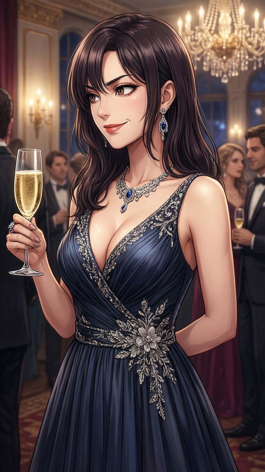 Mami Evening Gala 壁紙 — 一位身穿海軍藍禮服、帶有銀色花卉刺繡的女性，在豪華舞廳的水晶吊燈下拿著香檳杯。