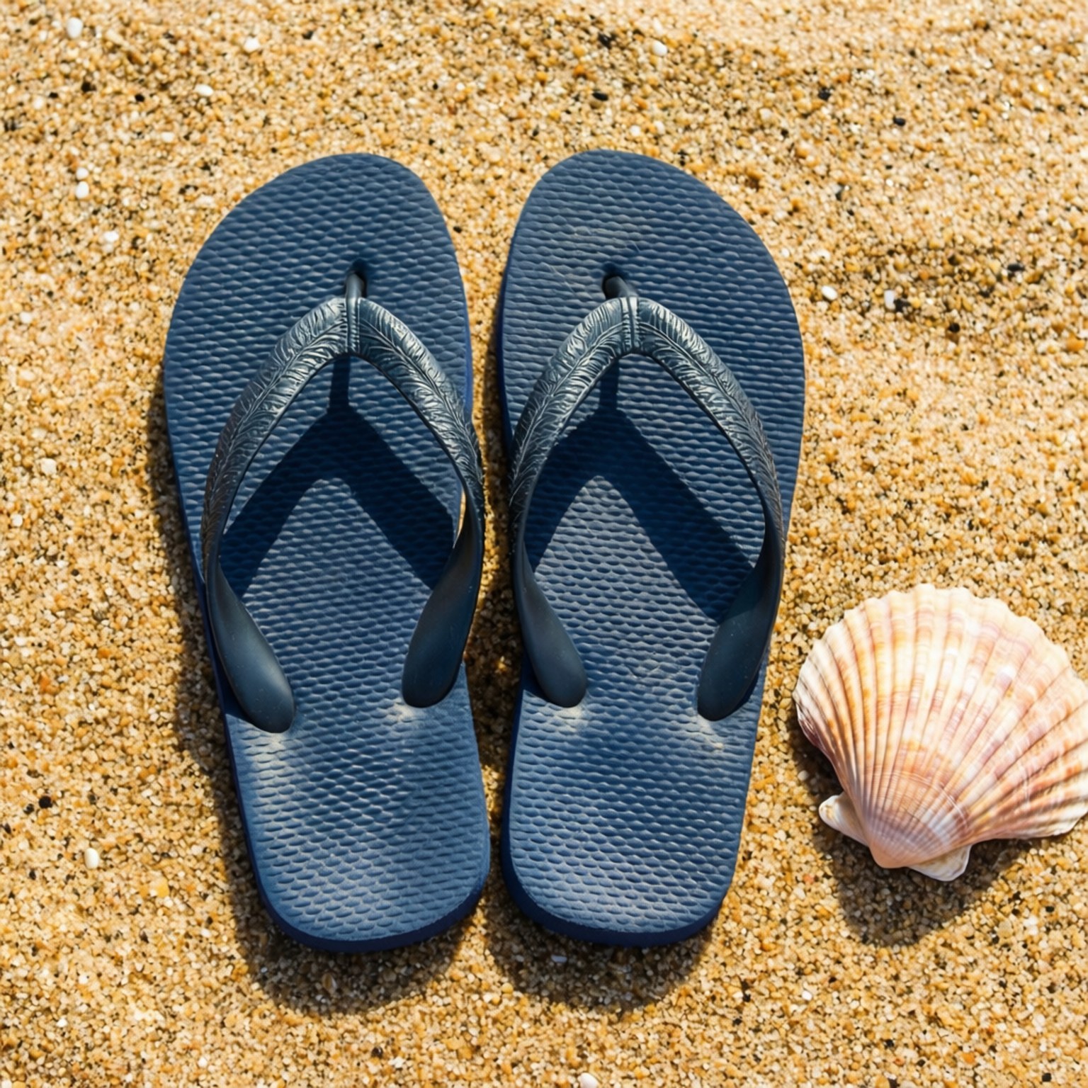 Flip Flop Beach Still 壁紙 — 一對海軍藍人字拖放在金色沙灘上，旁邊有一個粉紅色貝殼，在明亮的陽光下。