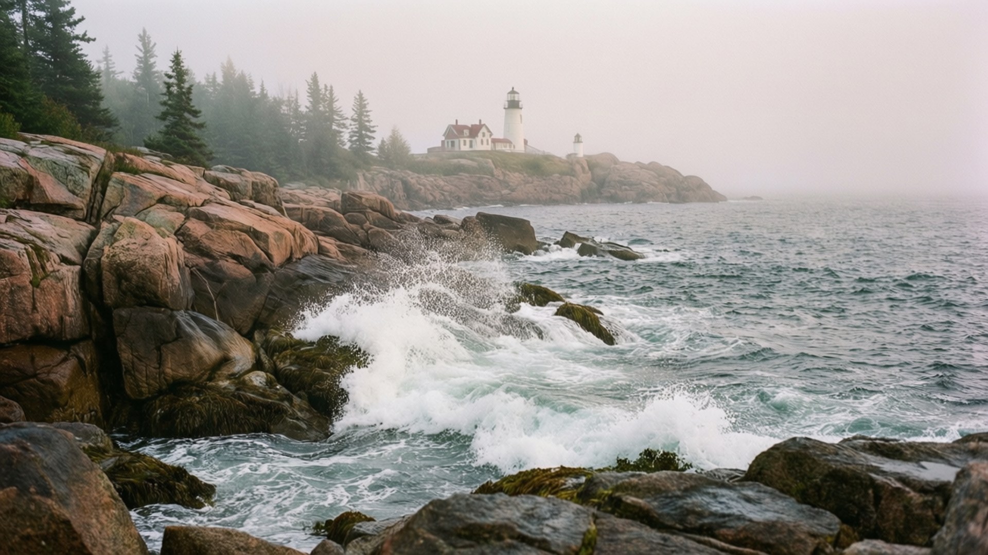 Maine Lighthouse Coast 壁紙 — 海浪拍打崎嶇的紅色岩石，白色燈塔矗立在霧氣瀰漫的海岸懸崖上。