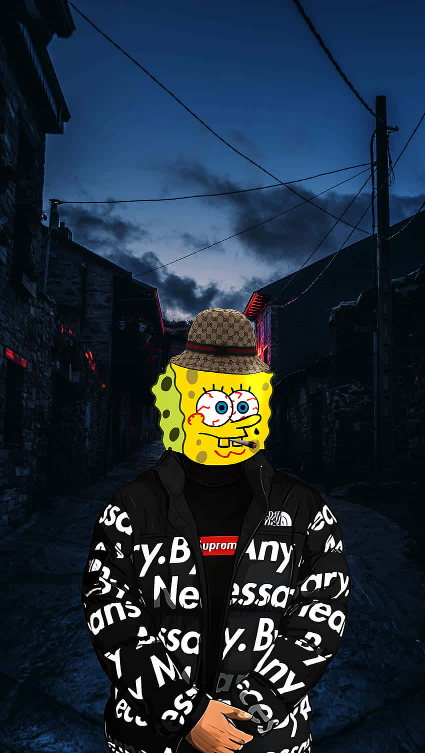  壁紙 — 海綿寶寶戴著軟呢帽和穿著品牌外套，在黃昏時分站在光線昏暗的城市小巷中。