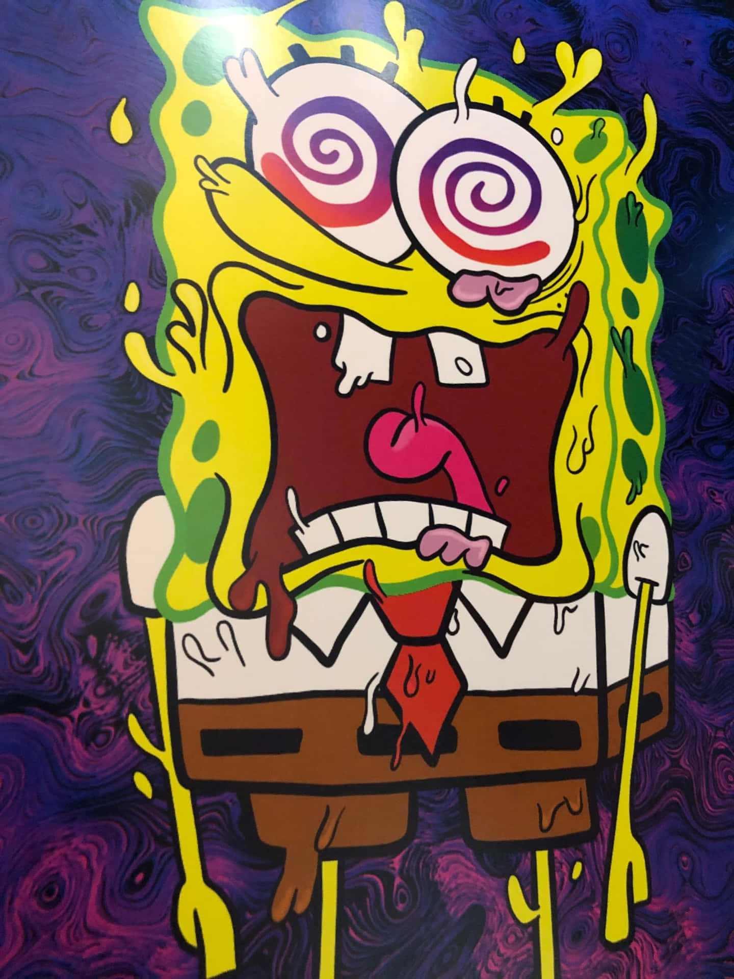  壁紙 — 海綿寶寶，螺旋眼，黃色融化形態，在旋轉的紫色背景前。