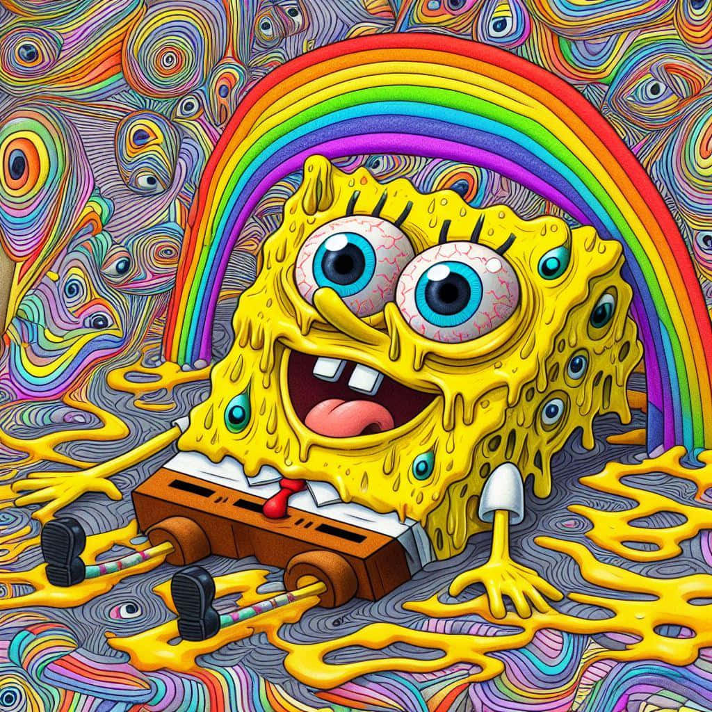  壁紙 — 海綿寶寶在彩虹下，於迷幻漩渦圖案和漂浮眼睛中快樂地融化。