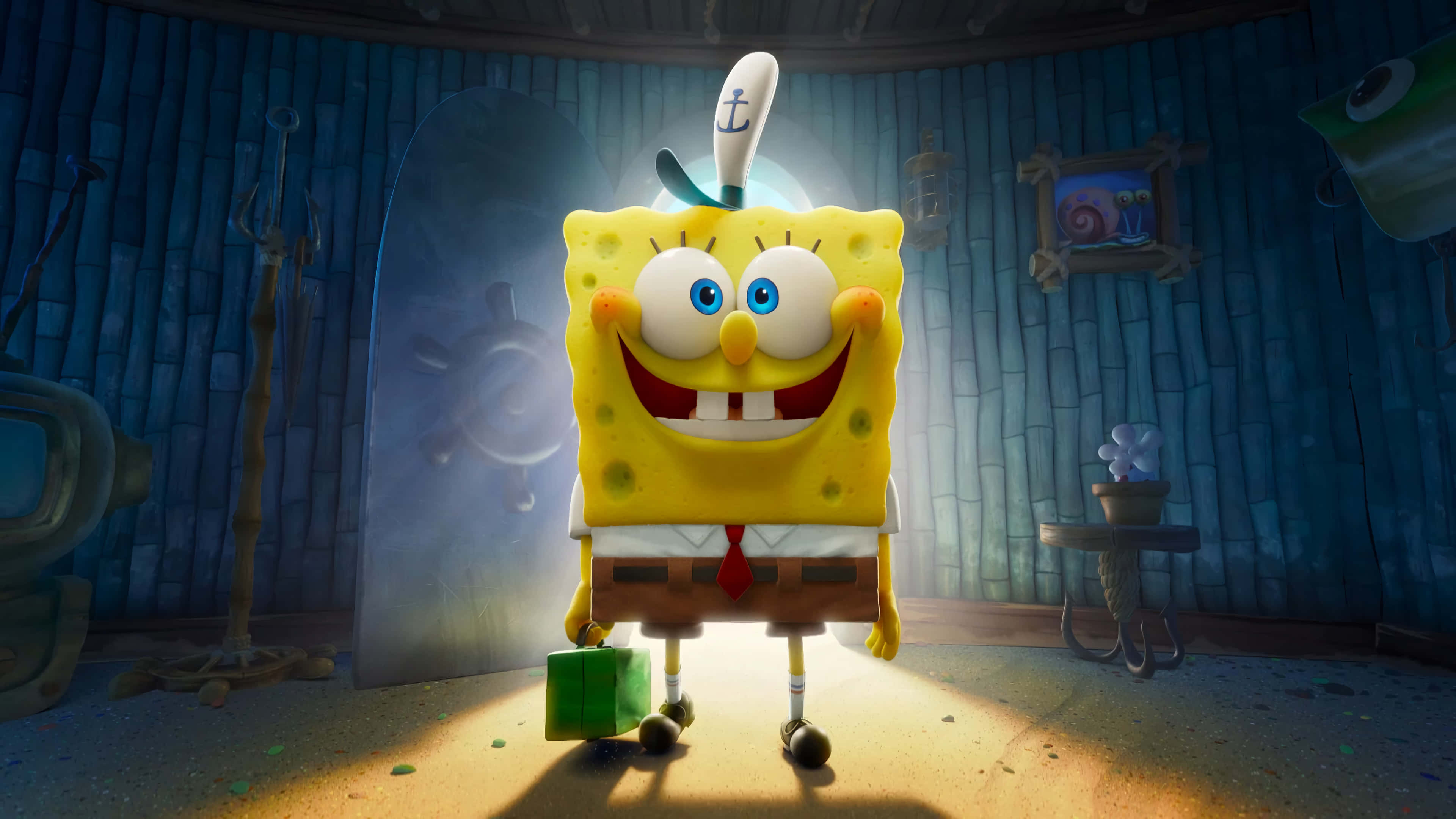 Spongebob Squarepants The Movie 桌布 壁紙 — 海綿寶寶在他的鳳梨屋中閃耀光芒，聚光燈凸顯了他愉快的表情。